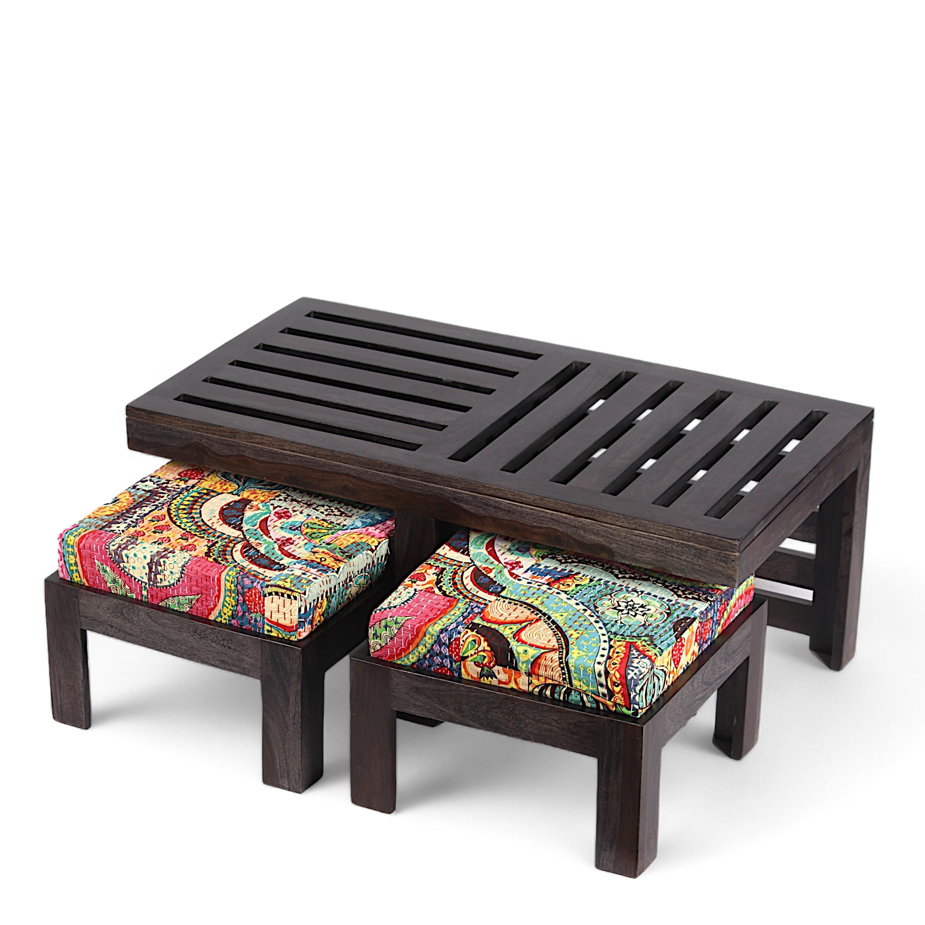 Irish Sheesham Wood Coffee Table With 2 Stools Set In Mahogany Finish & Multi Colour Israel Print Kantha Fabric Cushions