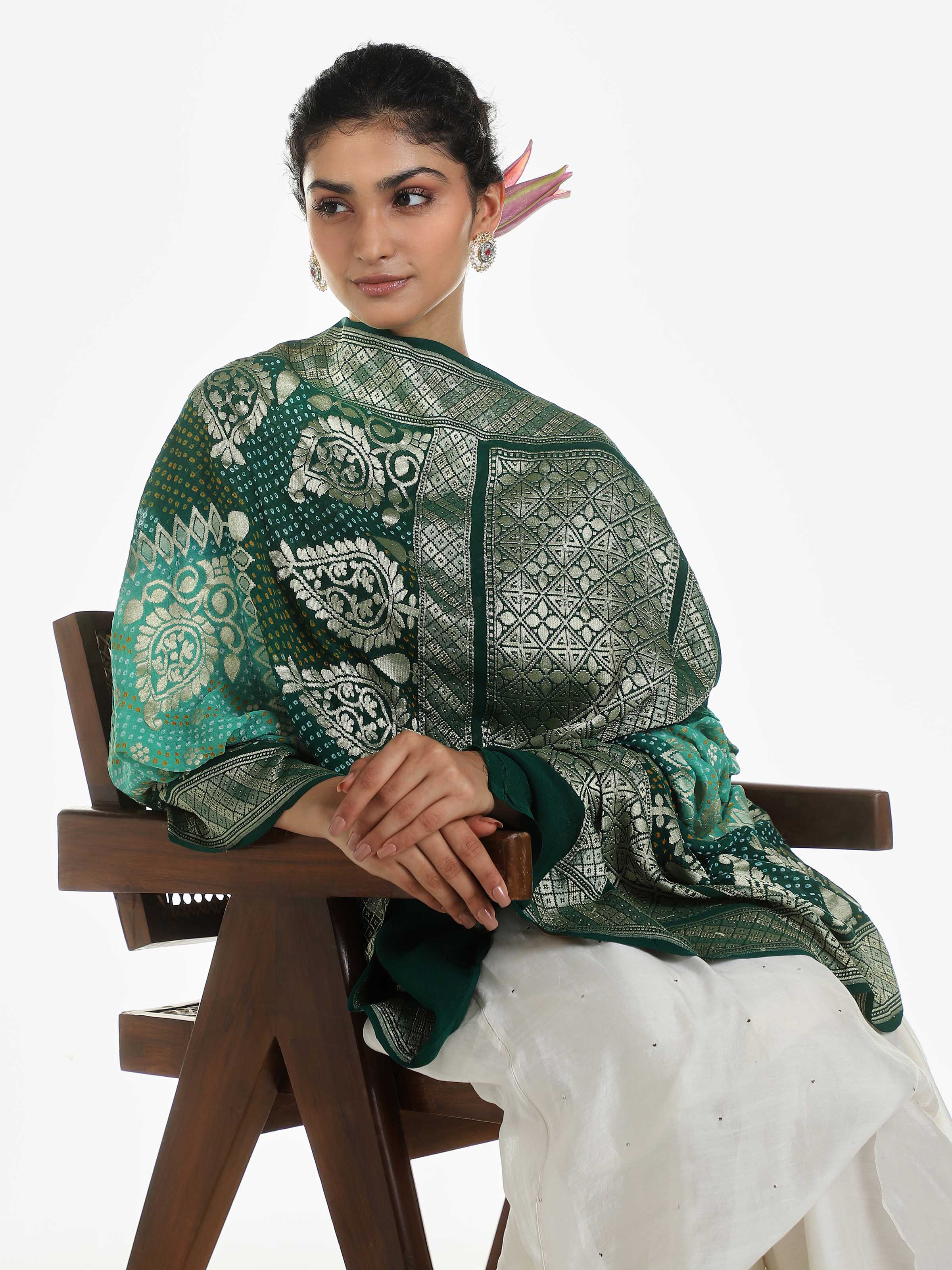Green Banarasi Crepe Bandhani Tie & Dye Dupatta