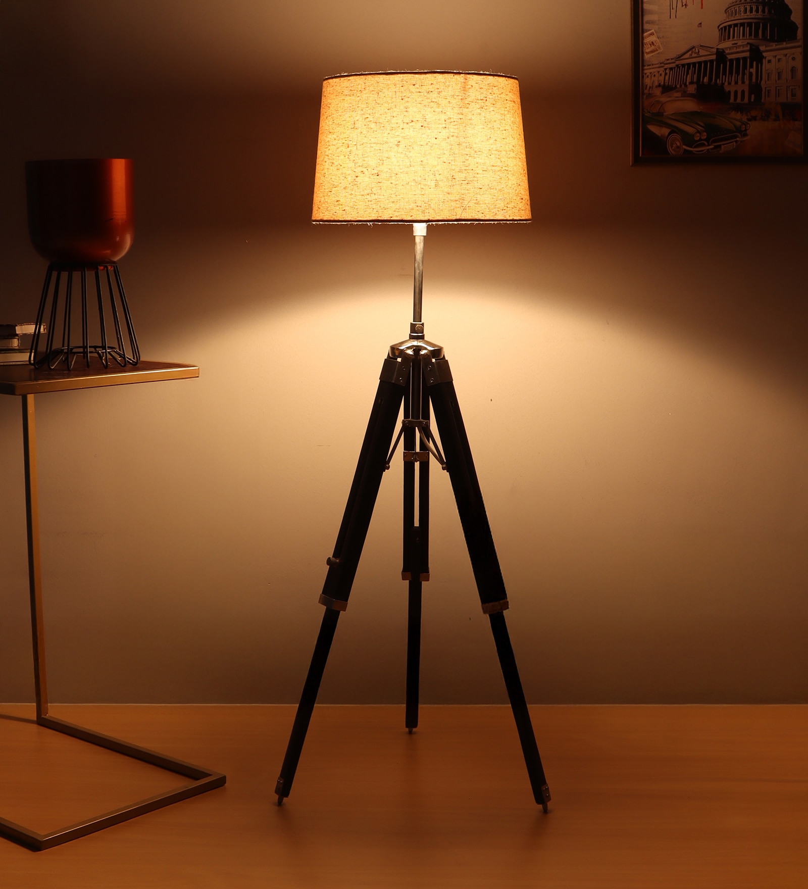 Black Dabbi Stand Floor Lamp in Beige Shade