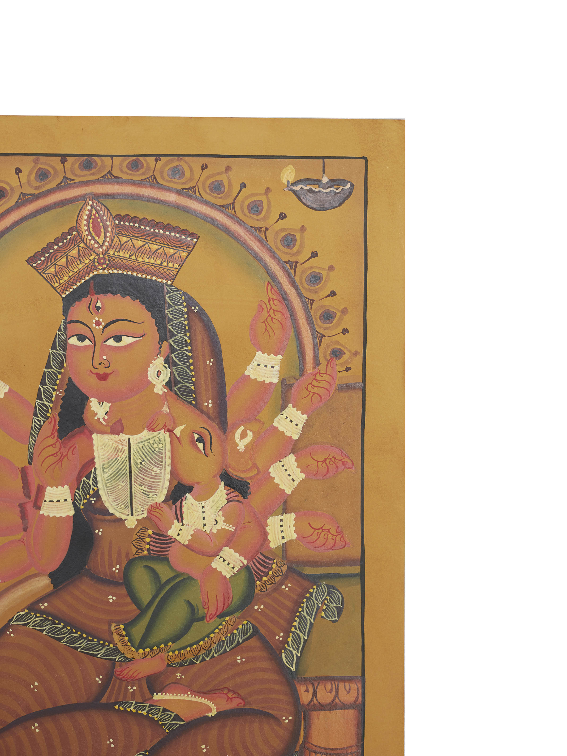Detail shot of Devi Durga Kalighat painting showing hand painted artwork