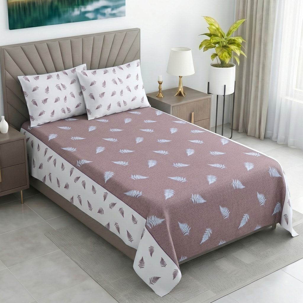 White And Plum Shade Floral  Cotton 400 Tc  Flat  Single Bed Size Bedsheet With 2 Pillow Covers - Threads
