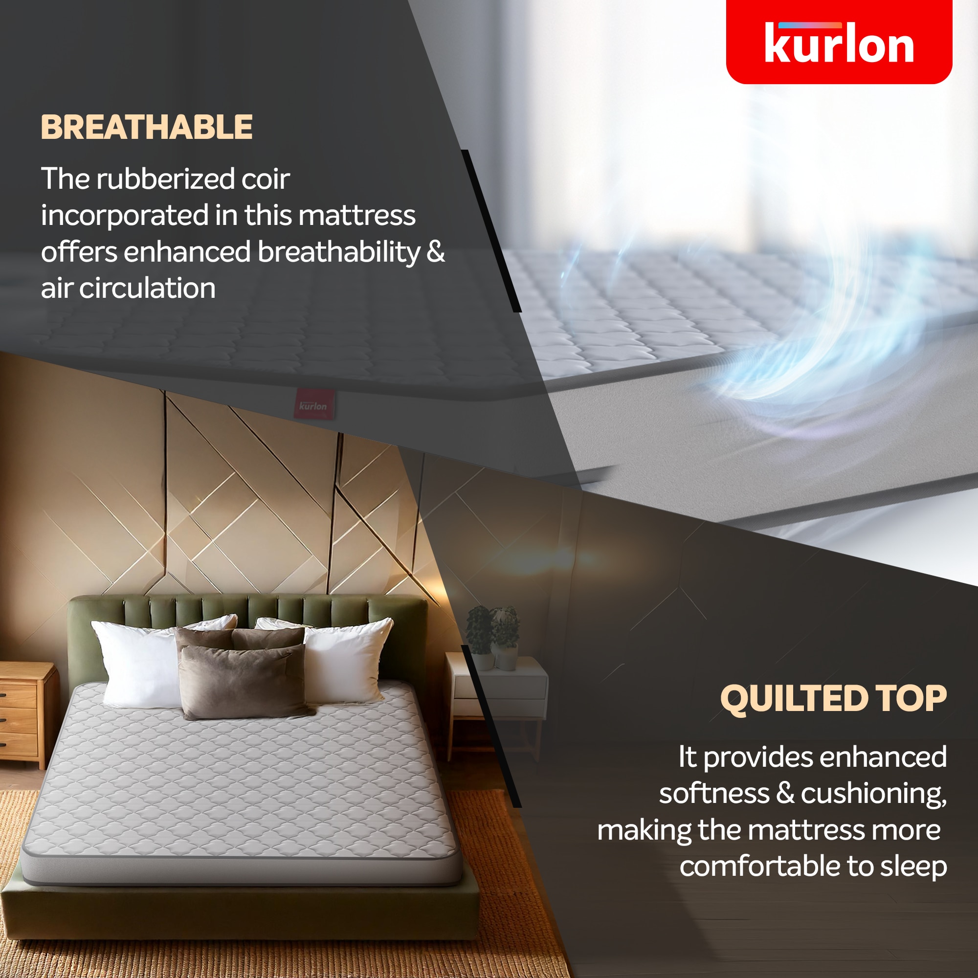 KURLON Klassic Essential | Natural Coir & HR Foam with Top Quilted Memory Foam Layer | 5 inch Queen Coir Mattress (L x W: 84 inch x 60 inch)