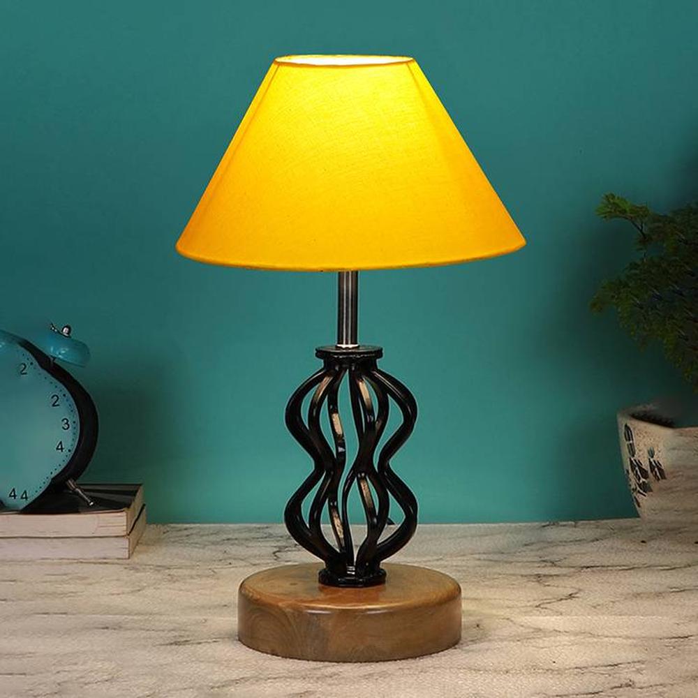 Alexandria Yellow cotton Table lamp with Wood & Iron Base