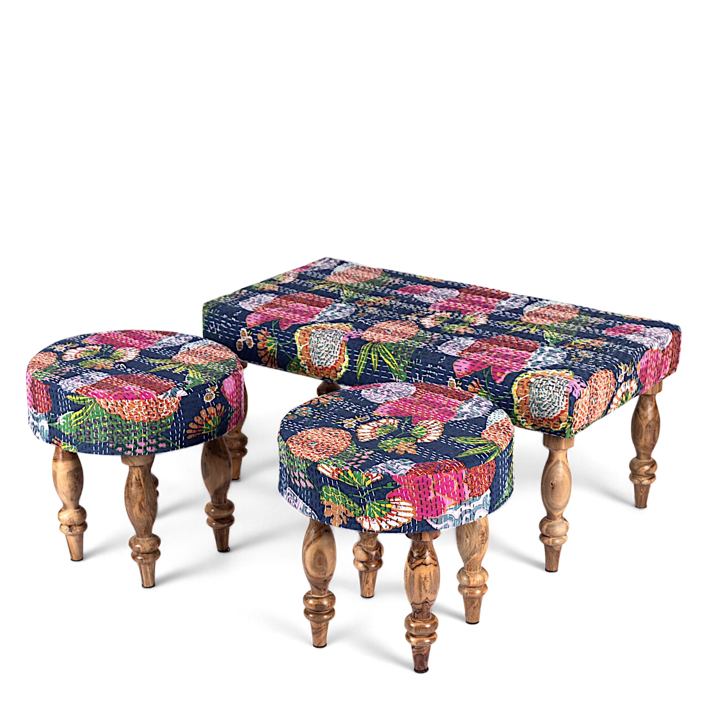 Bestone Sheesham Wood Mid Century 2+1+1 Seater Bench Set With 2 Stools In Fruit Print Blue Kantha