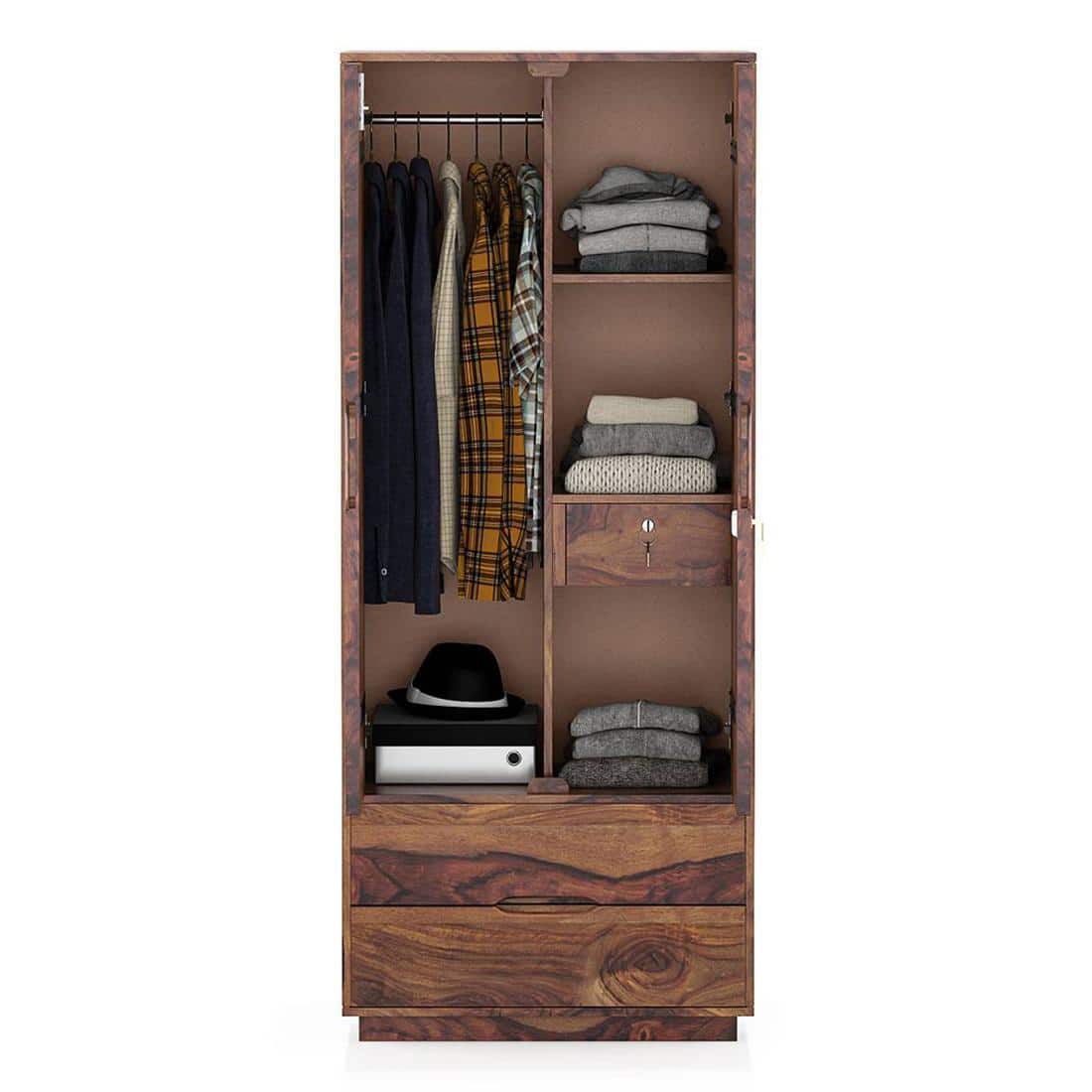 Zephyr Solid Wood 2 Door Wardrobe in Teak Finish