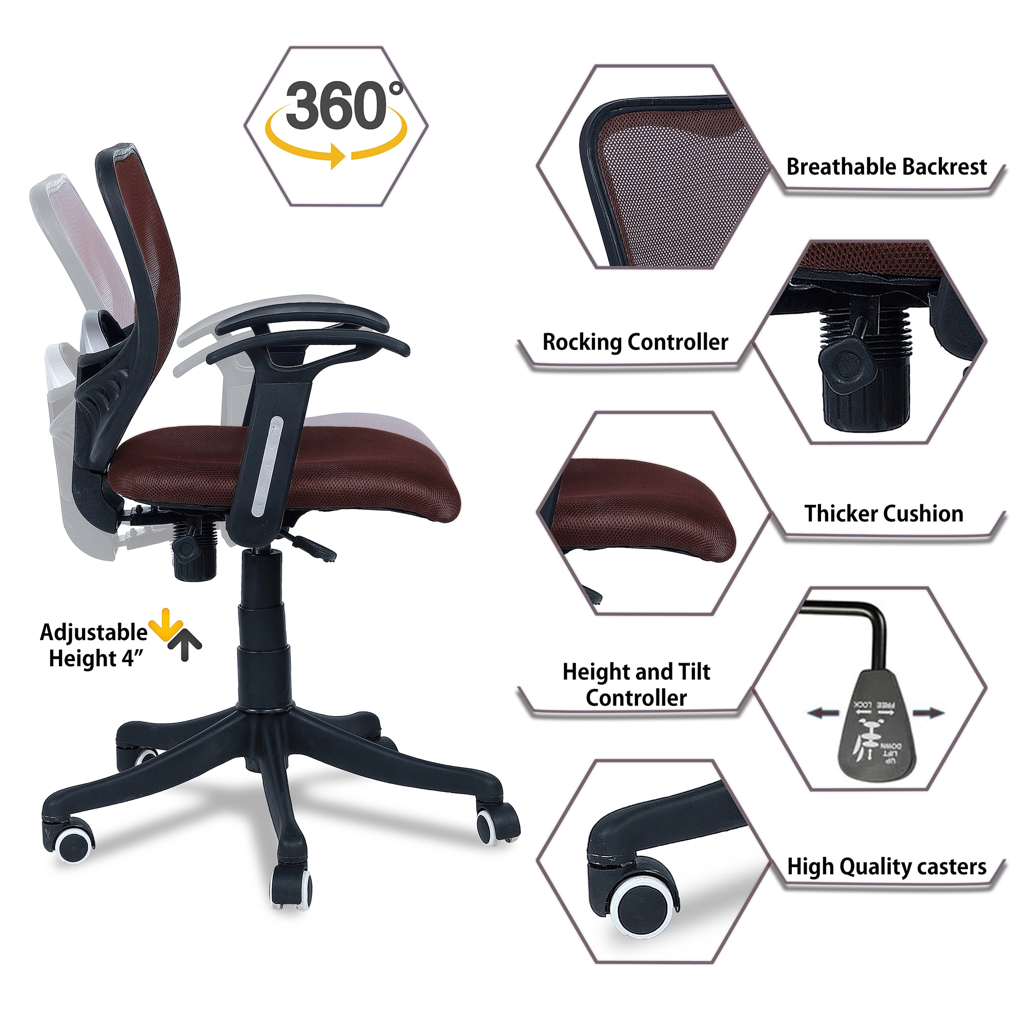 Odrione Low Back Ergonomic Chair in Brown Colour