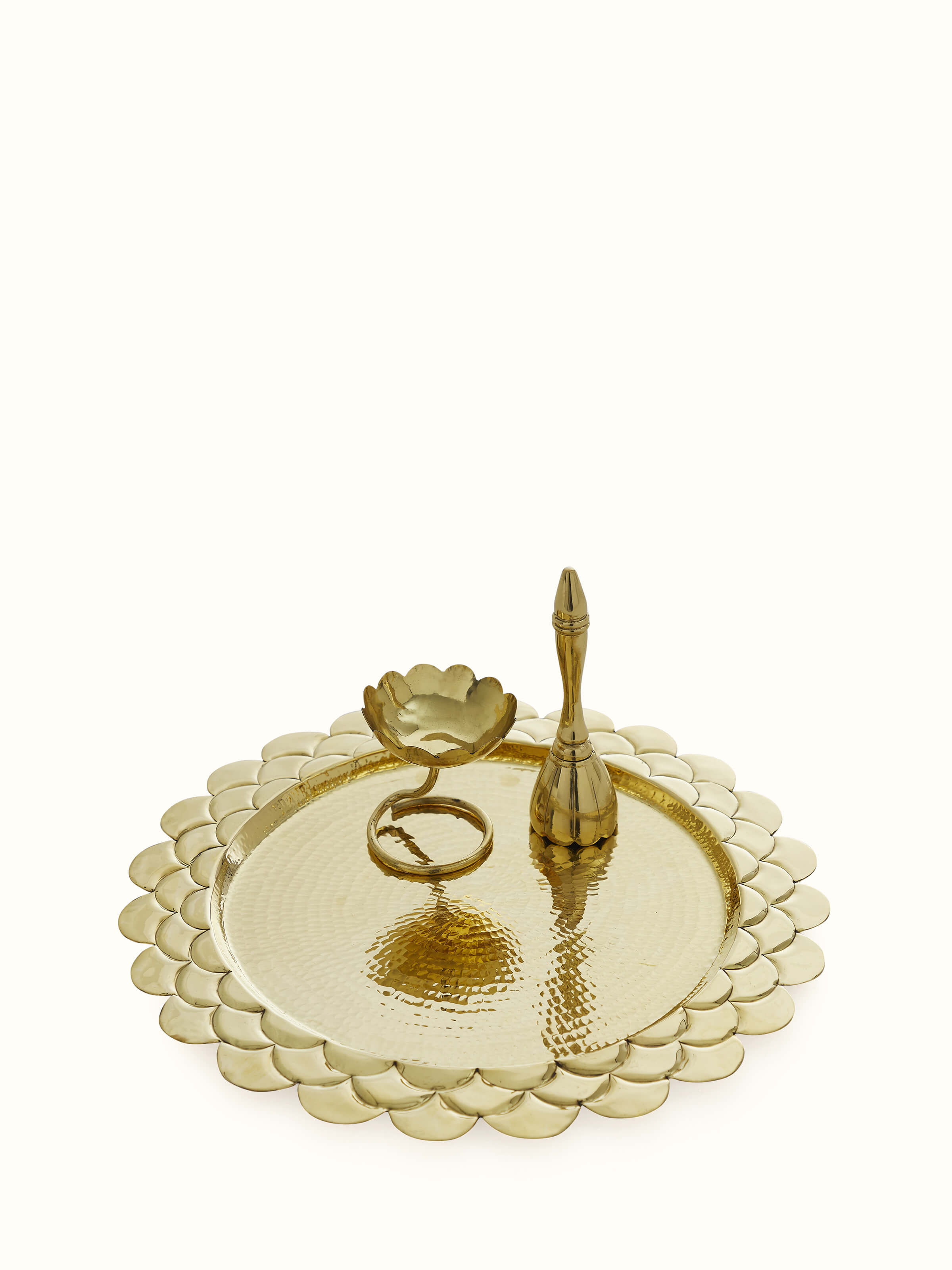 Front view of Polished Brass Pooja Thali Set (3 Pcs) displaying intricate brass detailing and a lustrous finish.