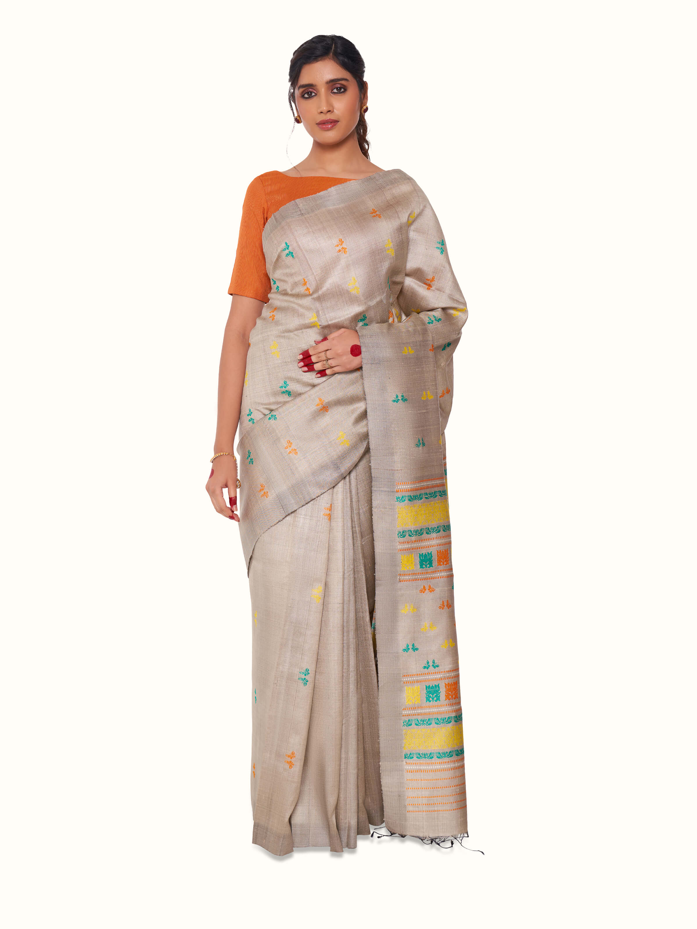 Light Grey Tussar Silk Odisha Ikat Saree
