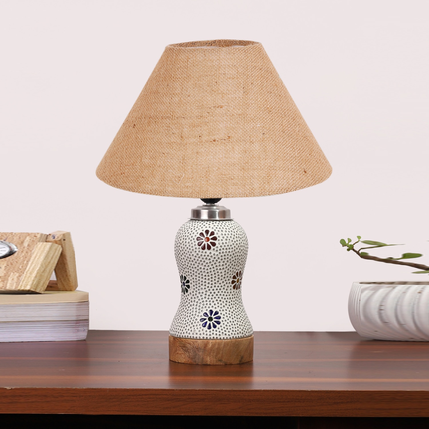 Devansh Conical Beige Jute Shade Lamp With Wood & Mosaic Glass Base For Decoration/Office/Home/Gifting/Study For Decoration/Office/Home/Gifting/Study -(10X10X14.5) Inches -A