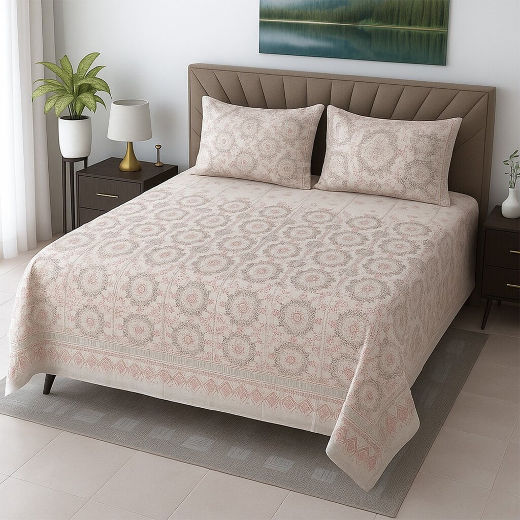 Peach Floral 400 TC Cotton Flat Queen Size Bedsheet With 2 Pillow Covers  Threads