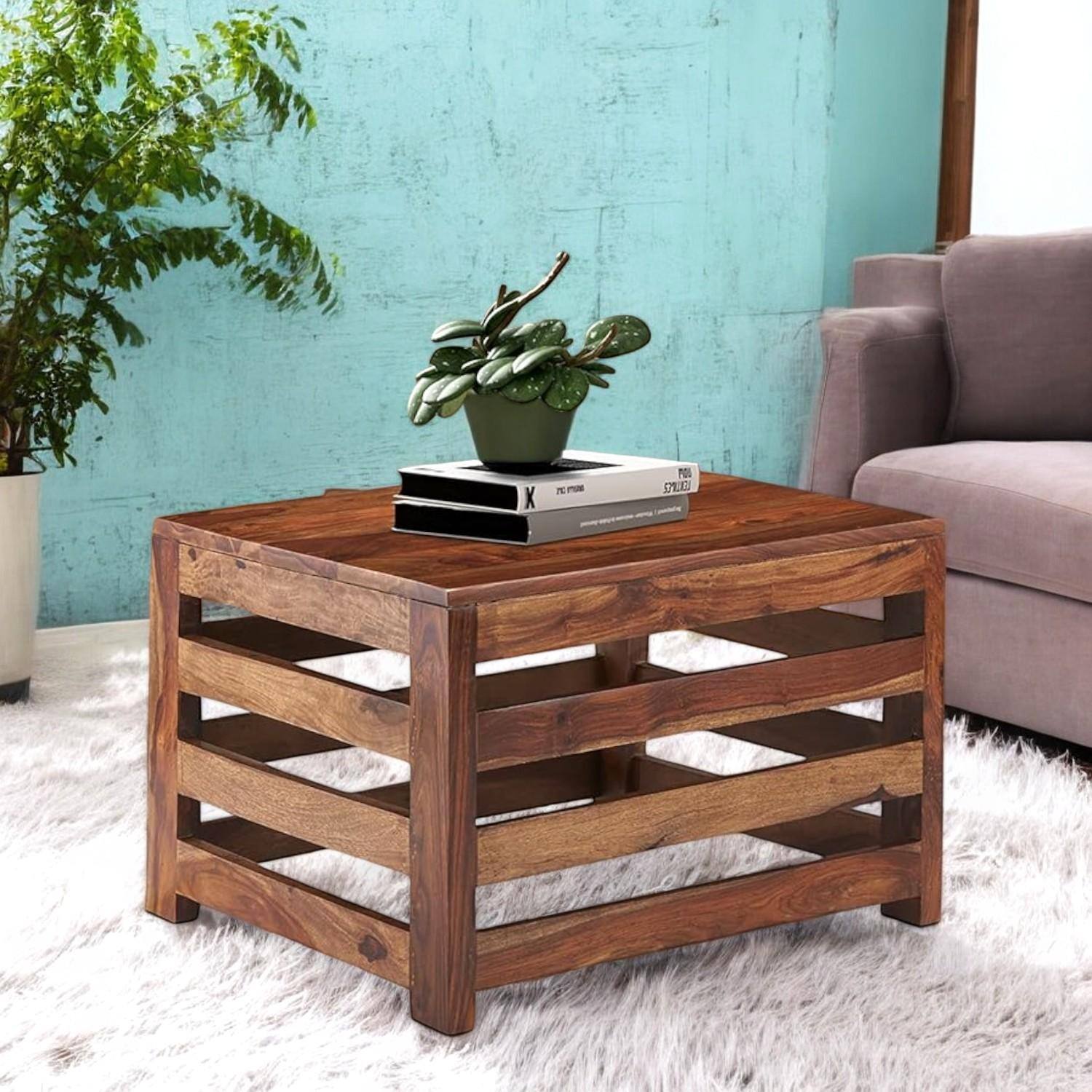 Kingsville Sheesham Wood Contemporary Square Coffee Table In Natural Teak Finish
