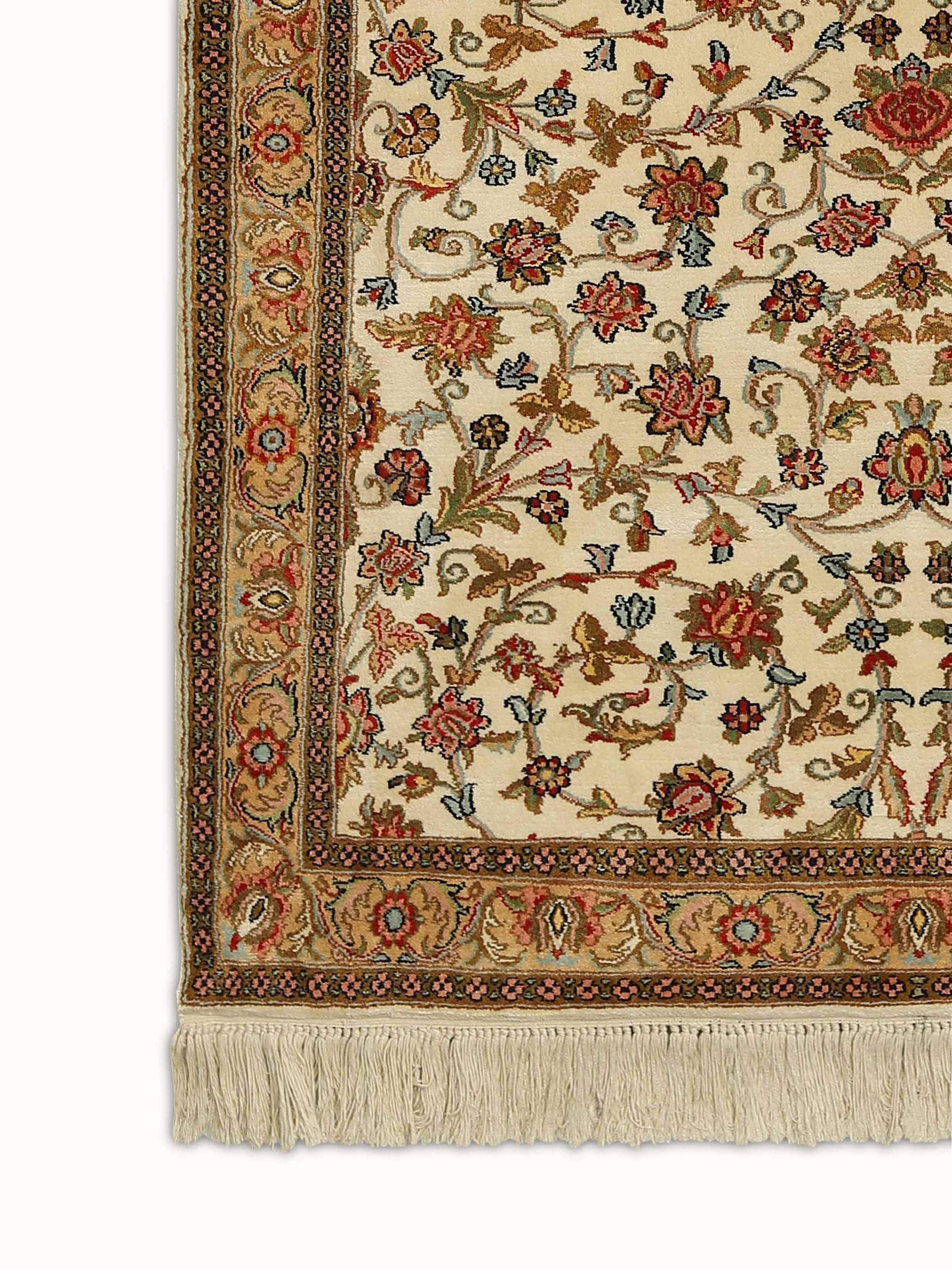 Traditional Persian Off-White Allover Kashmir Silk Hand-knotted Rug