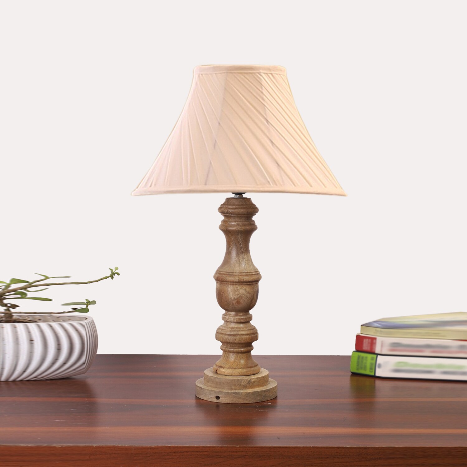 Devansh Off-White Cotton Vintage Cross Pleated Lamp With Wood Base (12X19)