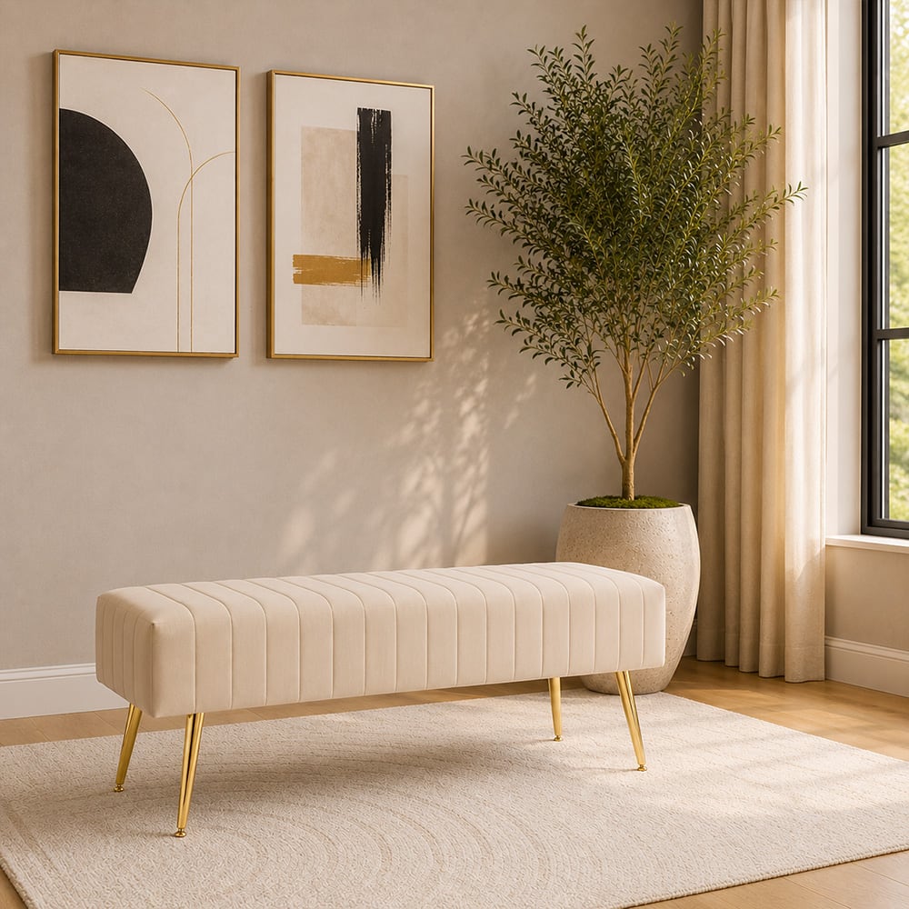 Doe Buck Upholstered Bench in Beige Colour with Channel Stitching and Gold Legs - Doe Buck
