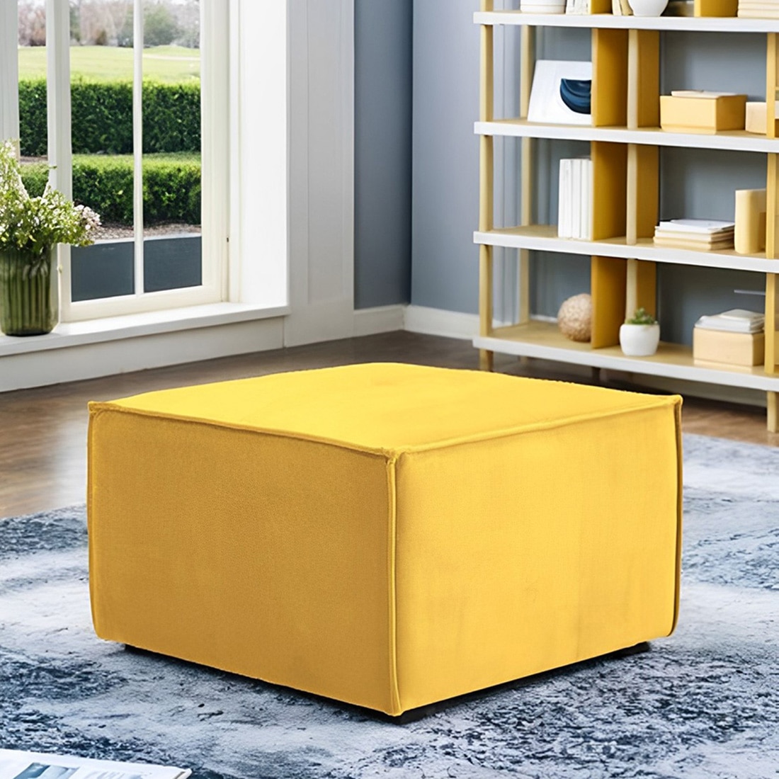 Abigail Blue Velvet Pouffe With Golden Legs