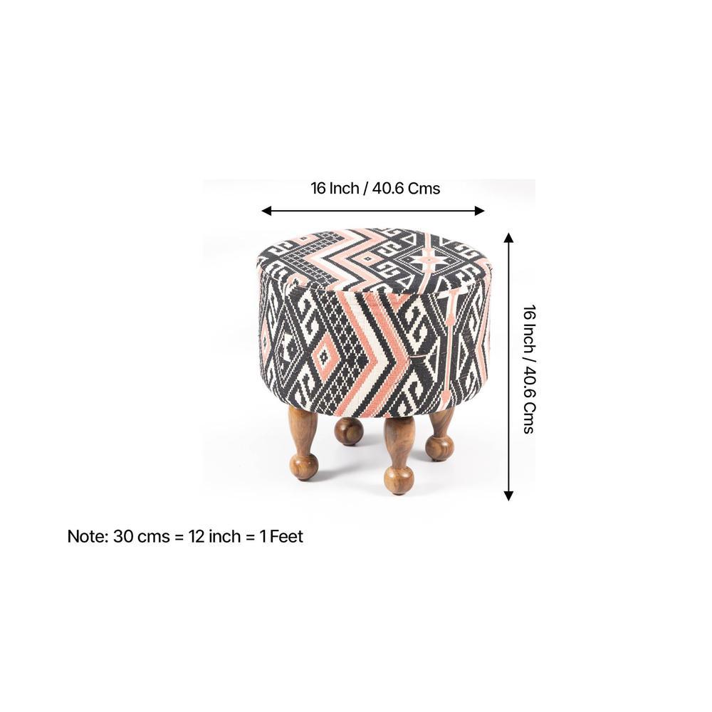 Louisville Acacia Wood Parisian Round Set of 2 Pouf Stools in Multi-colour Jacquard