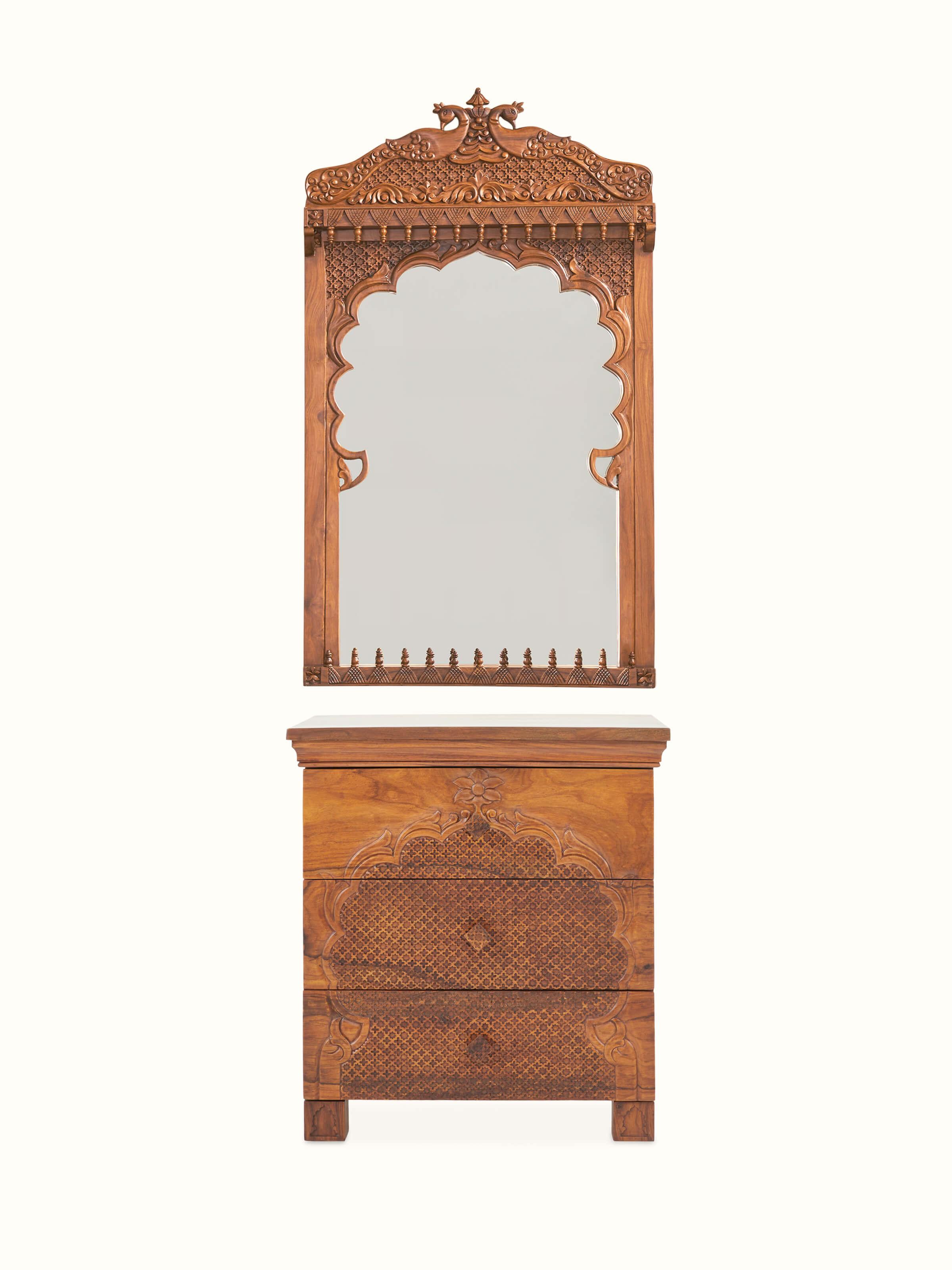 Front view of the carved Sheesham wood dressing table and mirror set, highlighting the elegant design