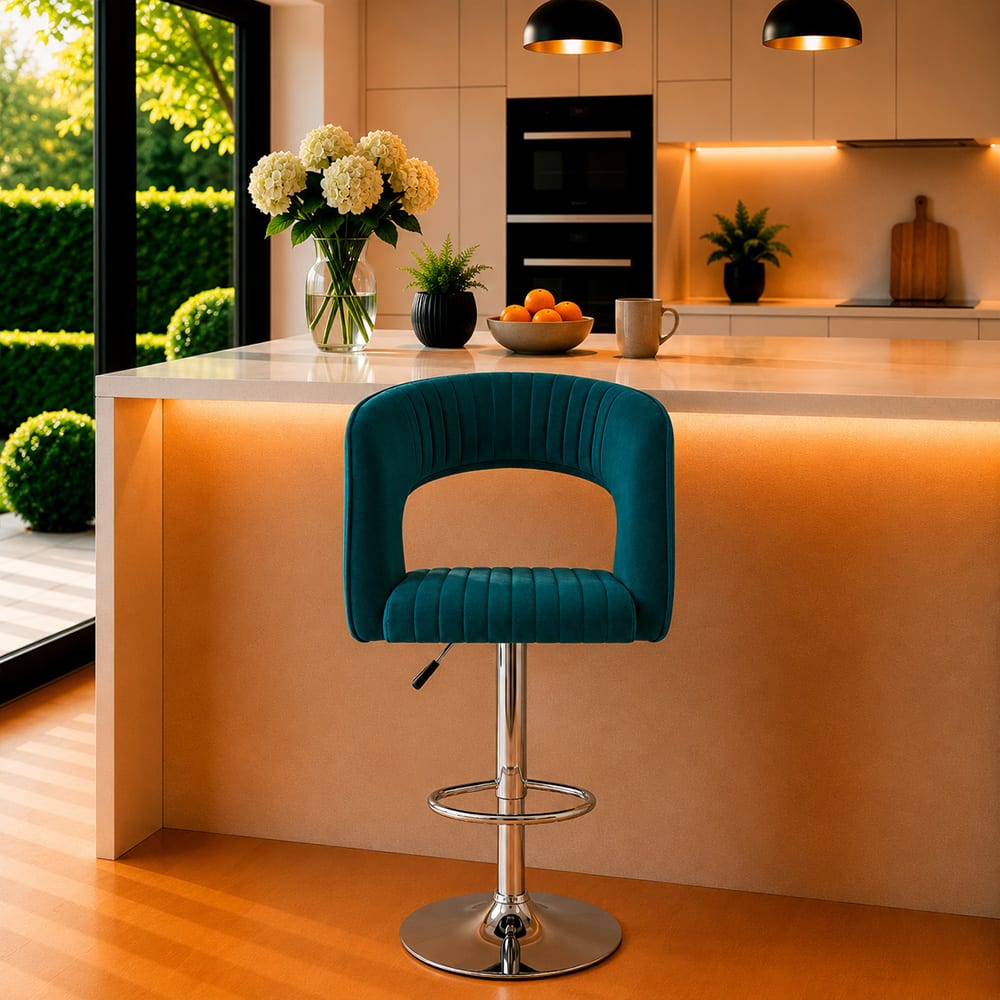 Doe Buck Adjustable Upholstered Bar Stool in Teal Colour with Chrome Base - Doe Buck