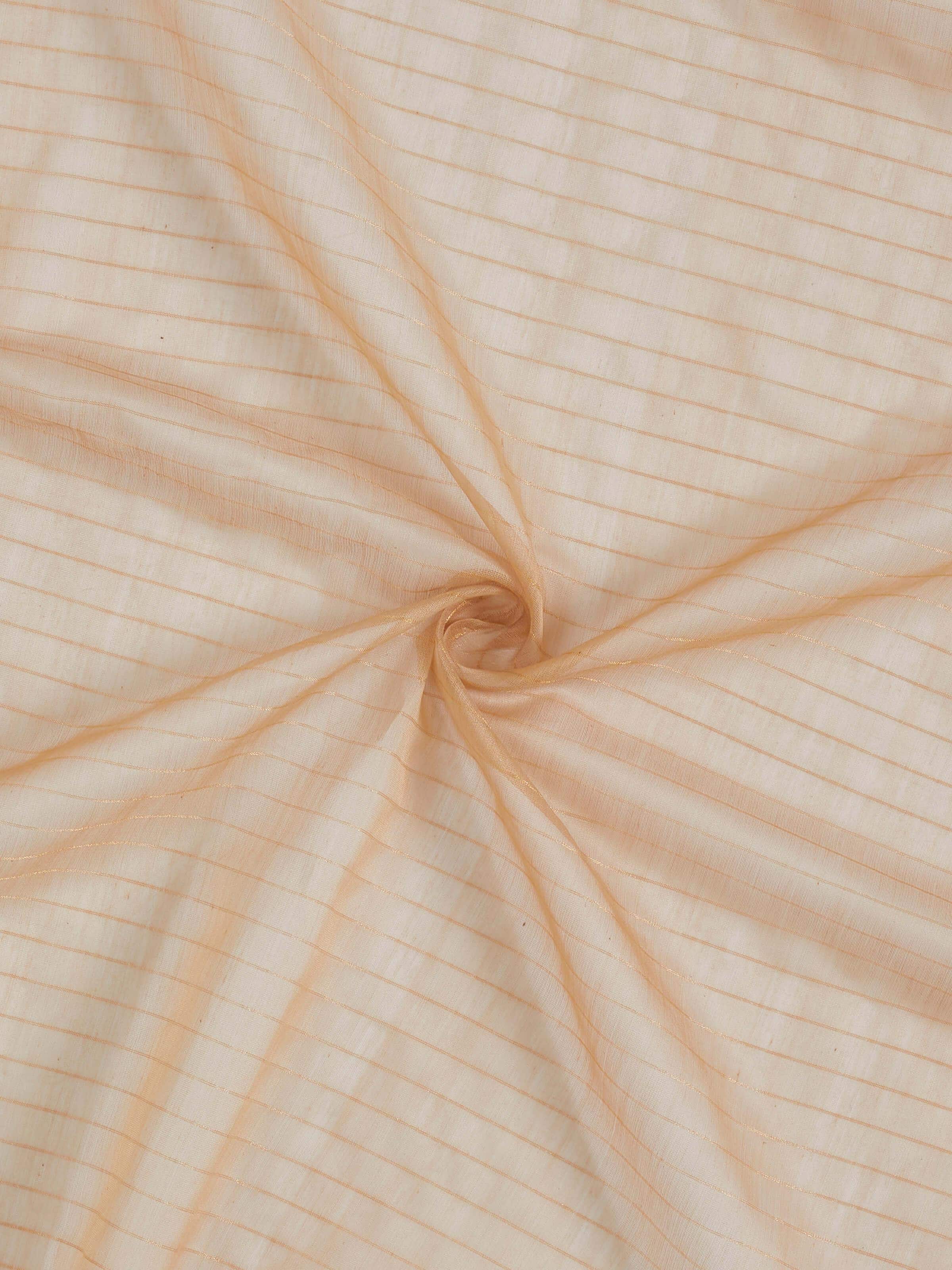 Angled view showing soft drape and sheen of beige Maheshwari handloom curtain.