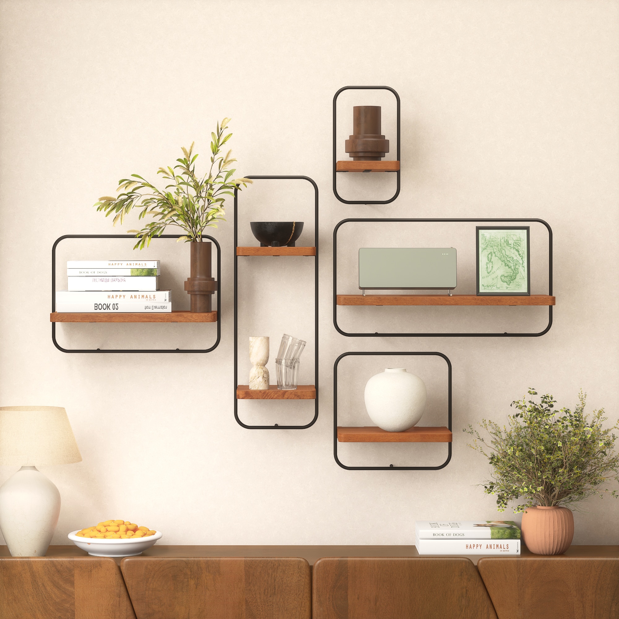 Jasper Set Of 5 Wall Shelves In Amber Walnut Finish - Urban Ladder