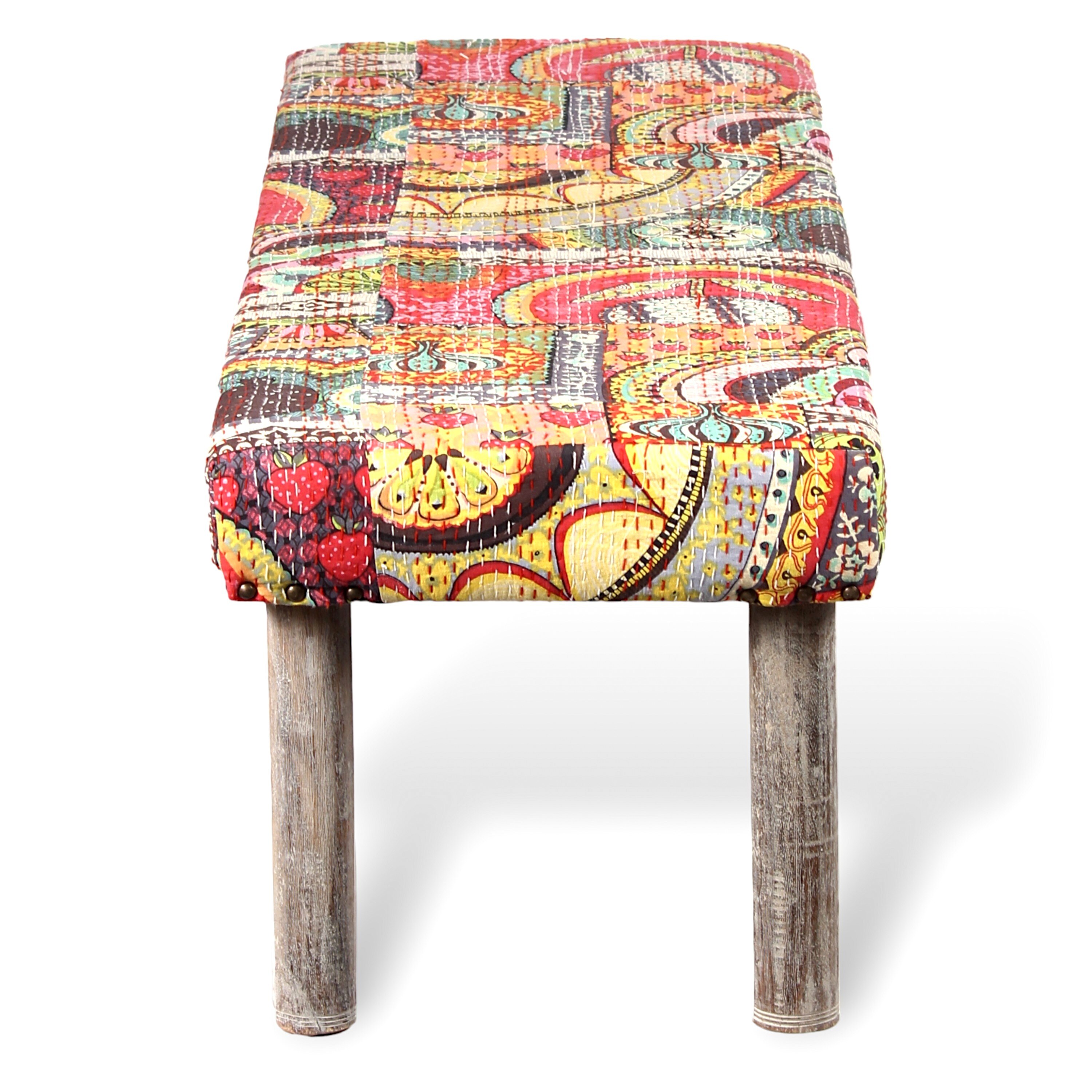 Asteria Solid Wood 2 Seater Bench In Multi Colour Israel Print Kantha Fabric