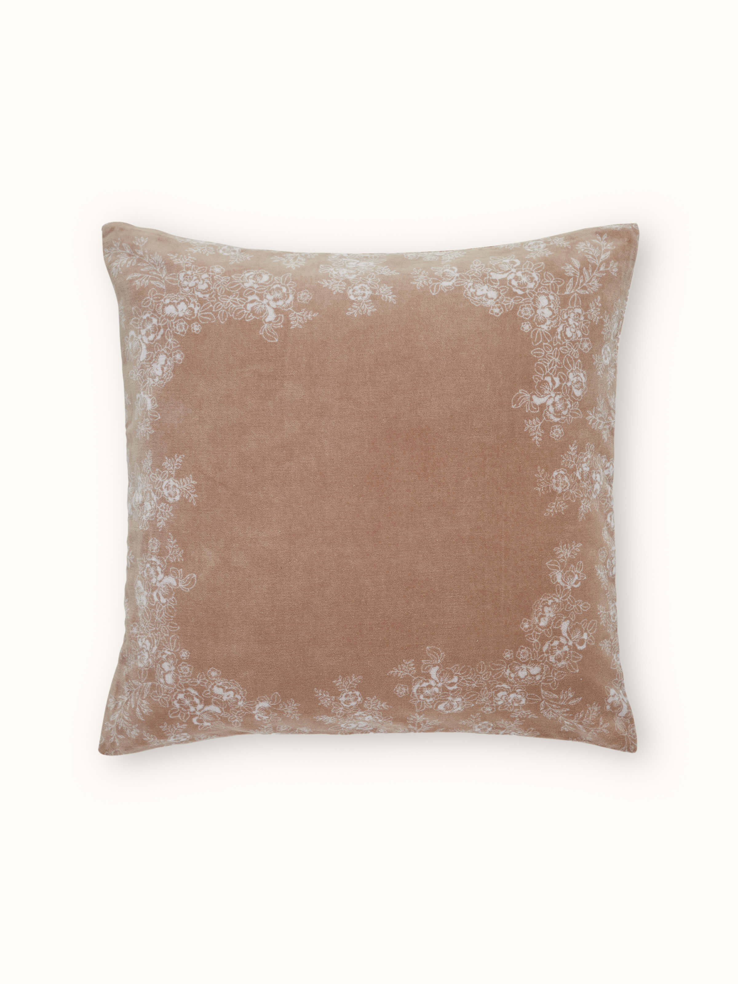Shivranjini Beige Floral Cotton Velvet Sanganeri Hand Block Printed Cushion Cover
