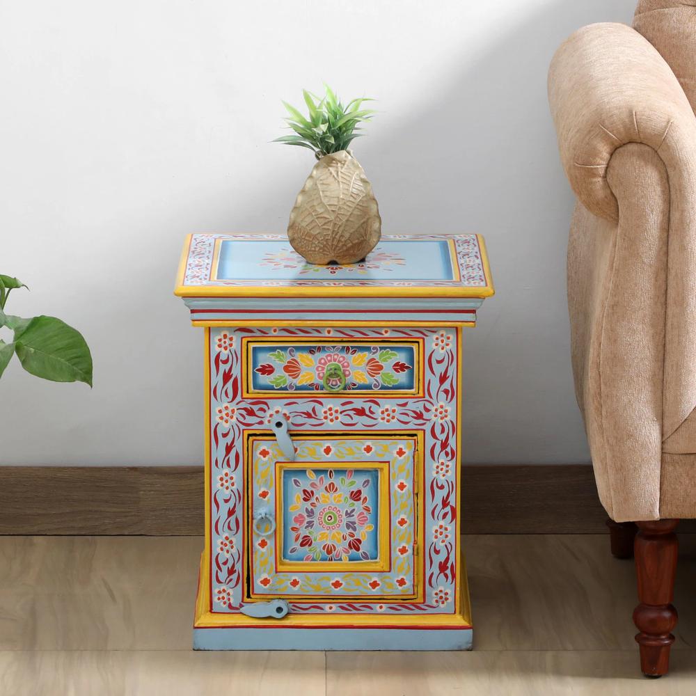 Driftwood Solid Wood Hand painted Bedside In Multicolour - Ujjwal Wood