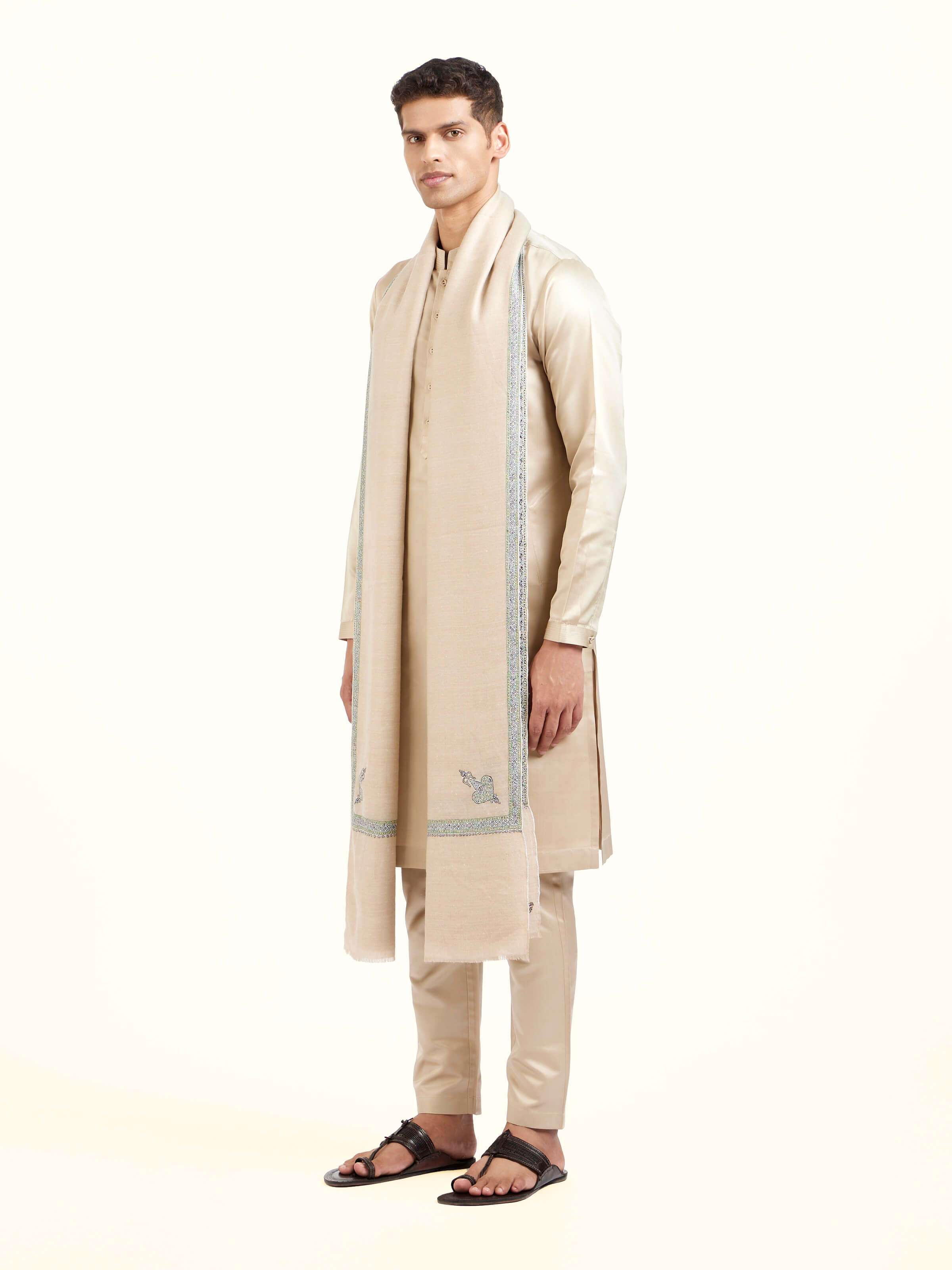 Beige Sozni Hand Embroidered Shawl