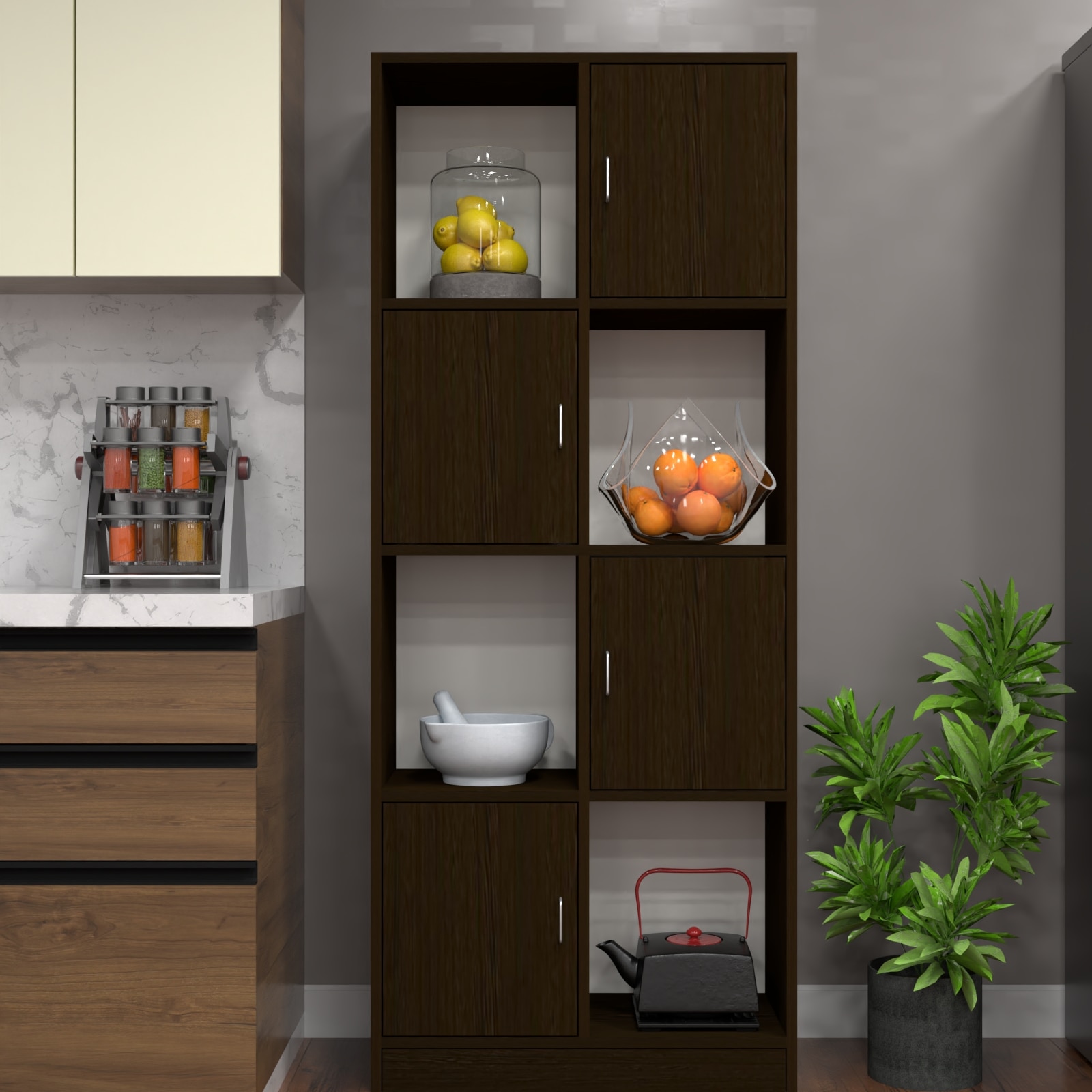 8 Shelves Semi Open Multipurpose Matrix Kitchen Cabinet In Chiyoda Wange Finish - Speciality Panels