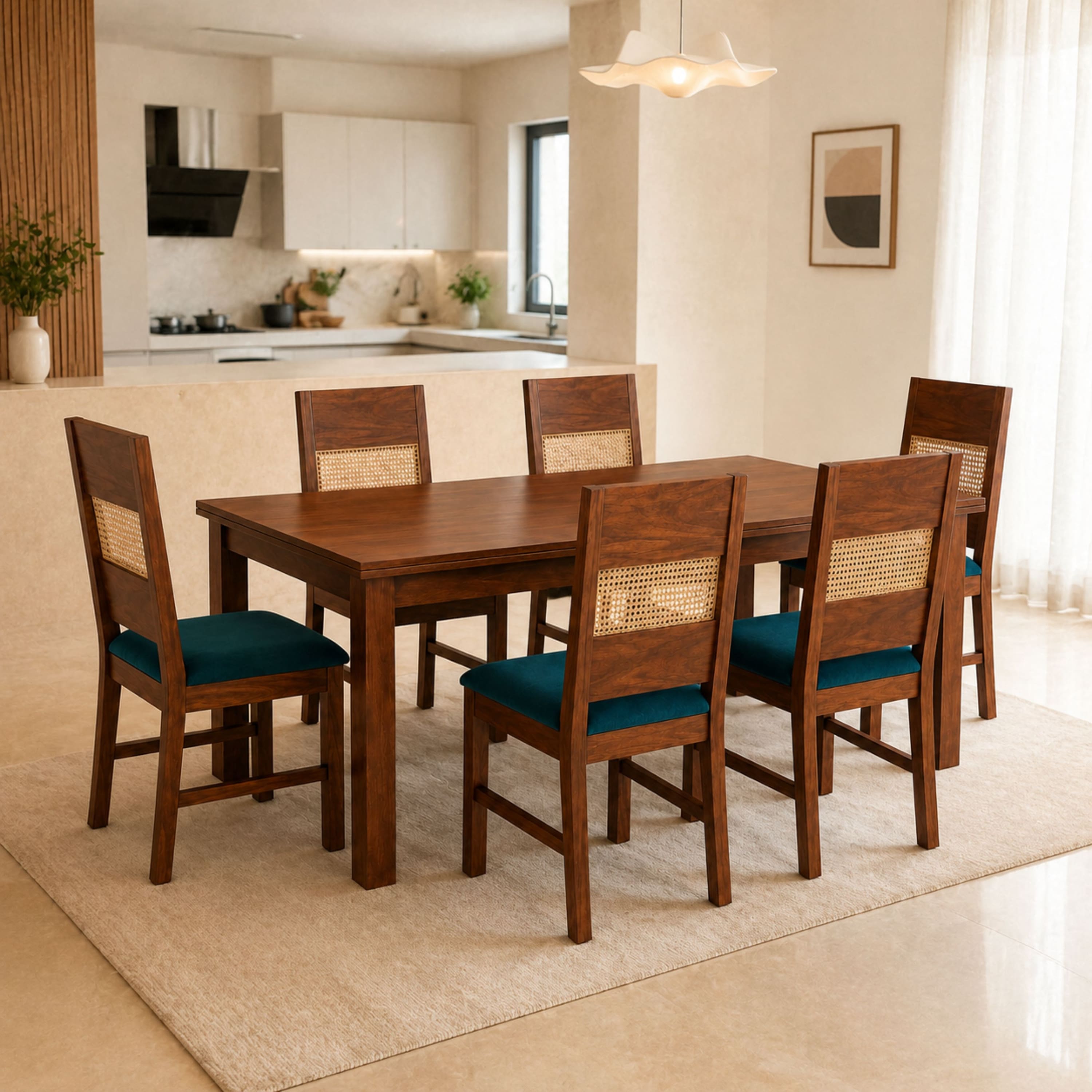 Globally Indian Lucien Solid Sheesham Wood 6 Seater Dining Table Set 6 Chairs Teal Blue