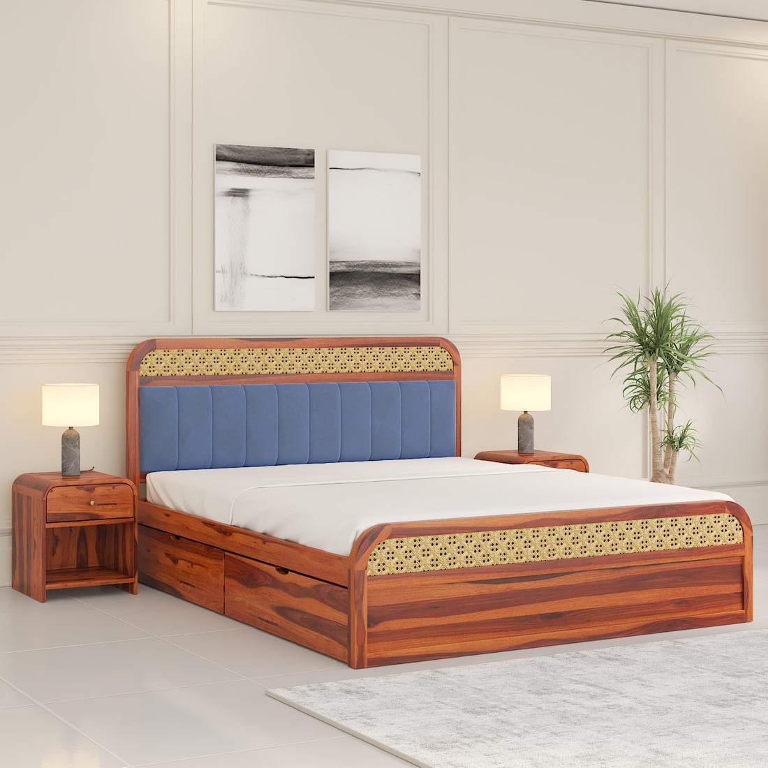 Yashvi Sheesham Solid Wood King Size Drawer Storage Bed In Honey Oak Finish - Woodenmood