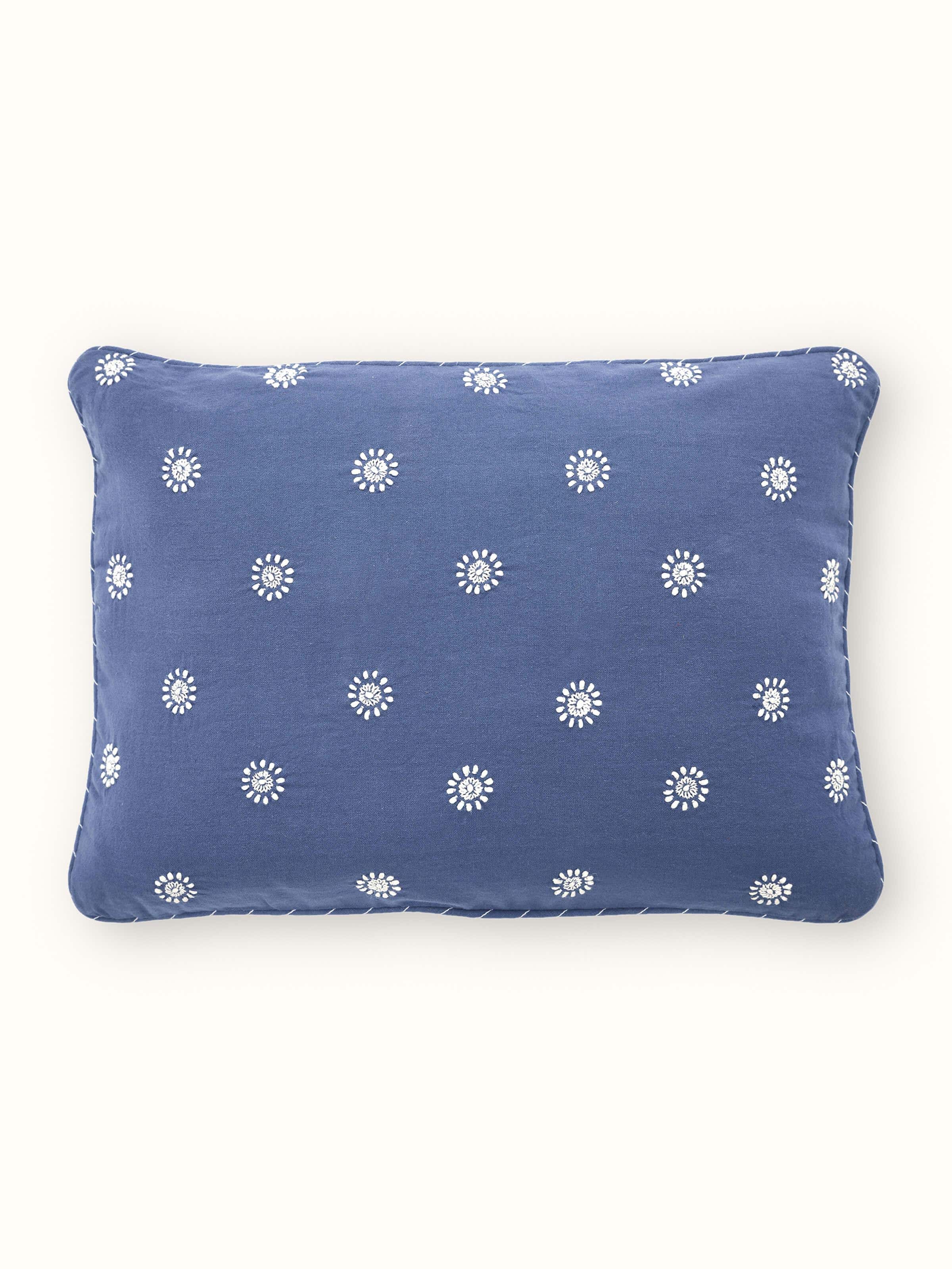 Rann Blue Buti Cotton Chikankari Hand Embroidered Lumbar Cushion Cover