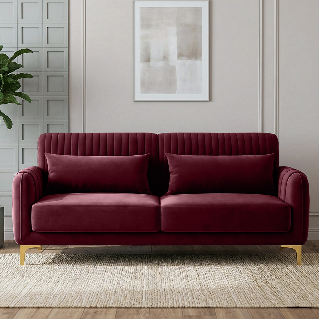 Monly Velvet 3 Seater Sofa Maroon Color - Home Lifestylez