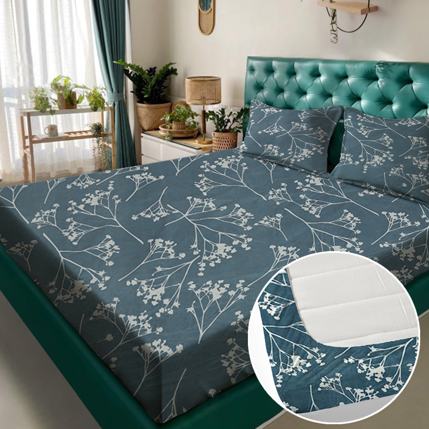 Blue Floral 180 TC Fitted 1 King  Bedsheet with 2 Pillow Covers