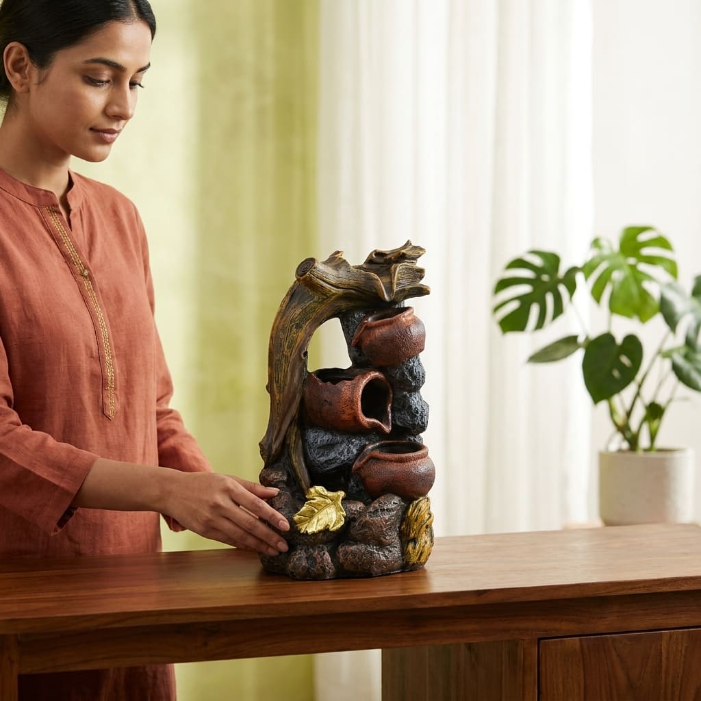 Water Fountain Woodland Cascade Water Fountain in Earthen Pot and Tree Trunk in Multicolor Colour - Vedas