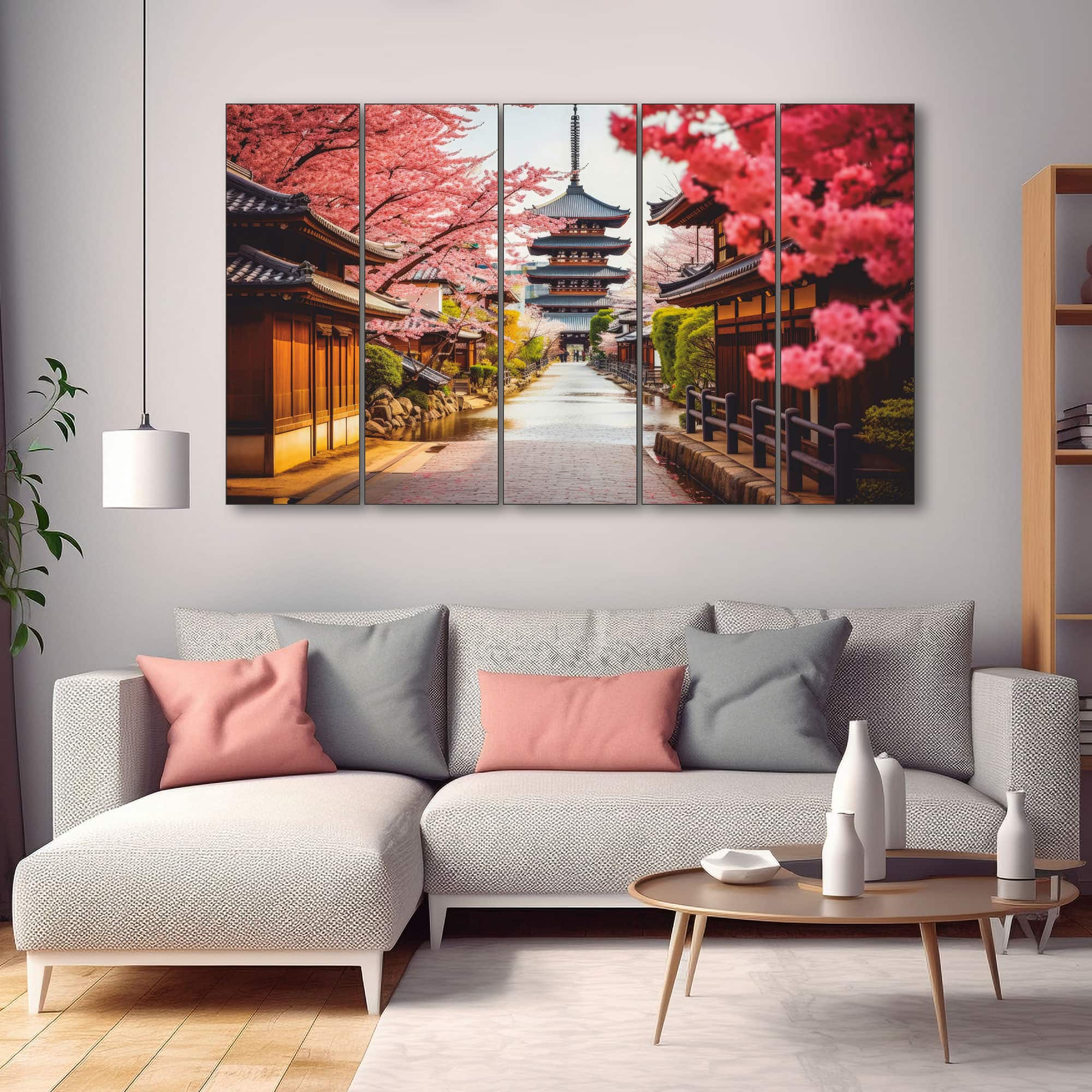 The Castle Decor Japanese Street Wall Art Set of 5 Wooden Framed Digital Painting 27x48 Inch - The Castle Decor