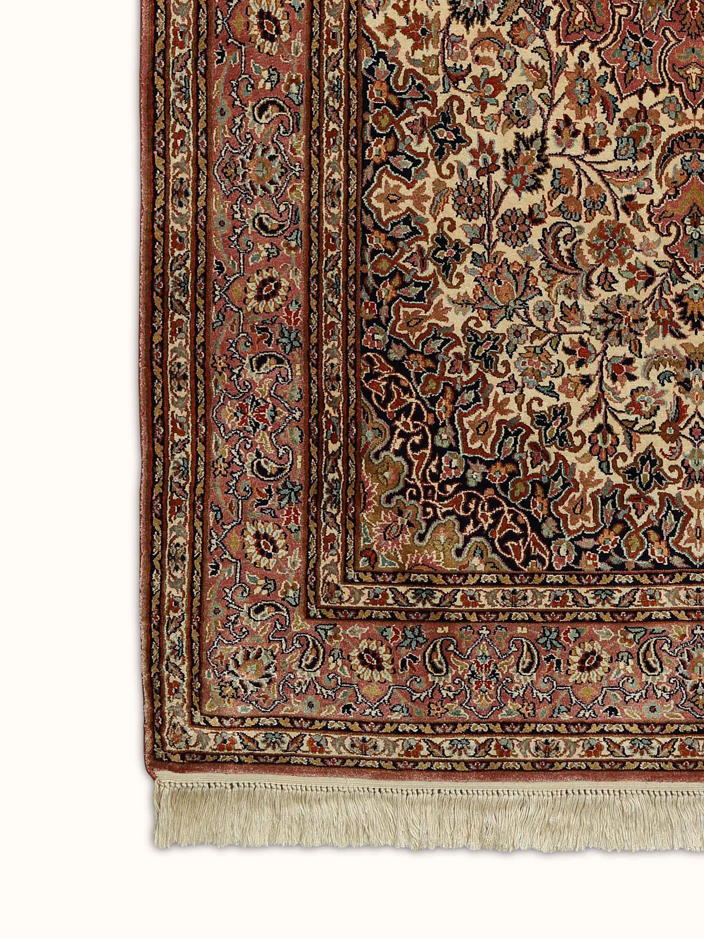 Traditional Persian Ivory Kerman Kashmir Silk Hand-knotted Rug