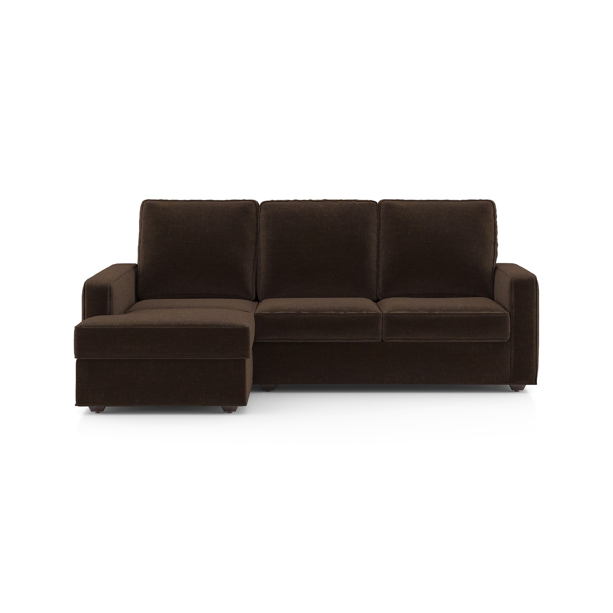 Apollo Compact Sofa (Colour : Dark Earth, Cushion : Soft, Back Type : High Back, Seating Capacity : Left Aligned 2 Seater + Left Aligned Chaise + Ottoman) - Urban Ladder