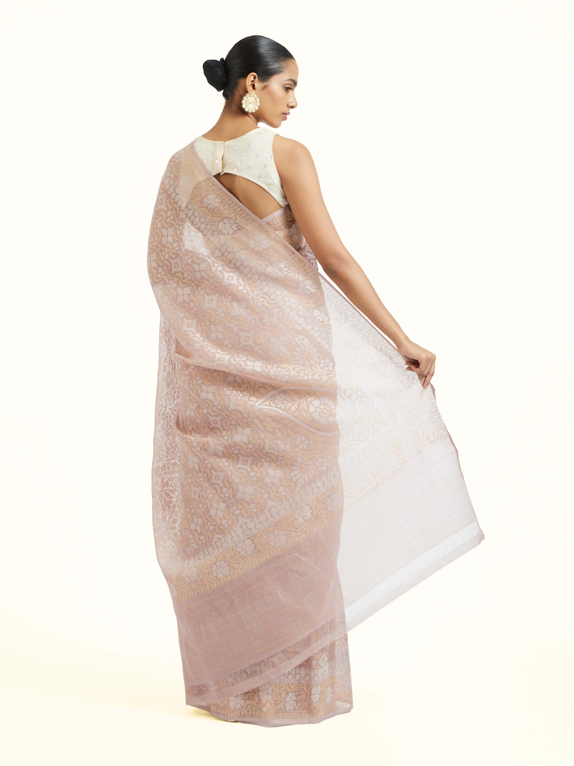Back view of the Peach Cotton Awadh Jamdani Banarasi Saree