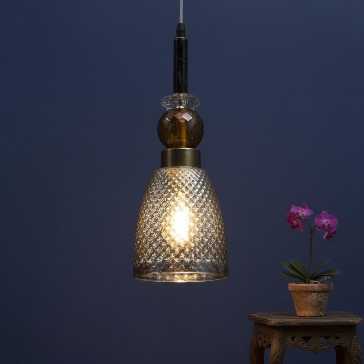 Eliante Hanging Light - Smoky Black Glass Shade, Mild Steel And Wood, 1-Light Pendant - Eliante