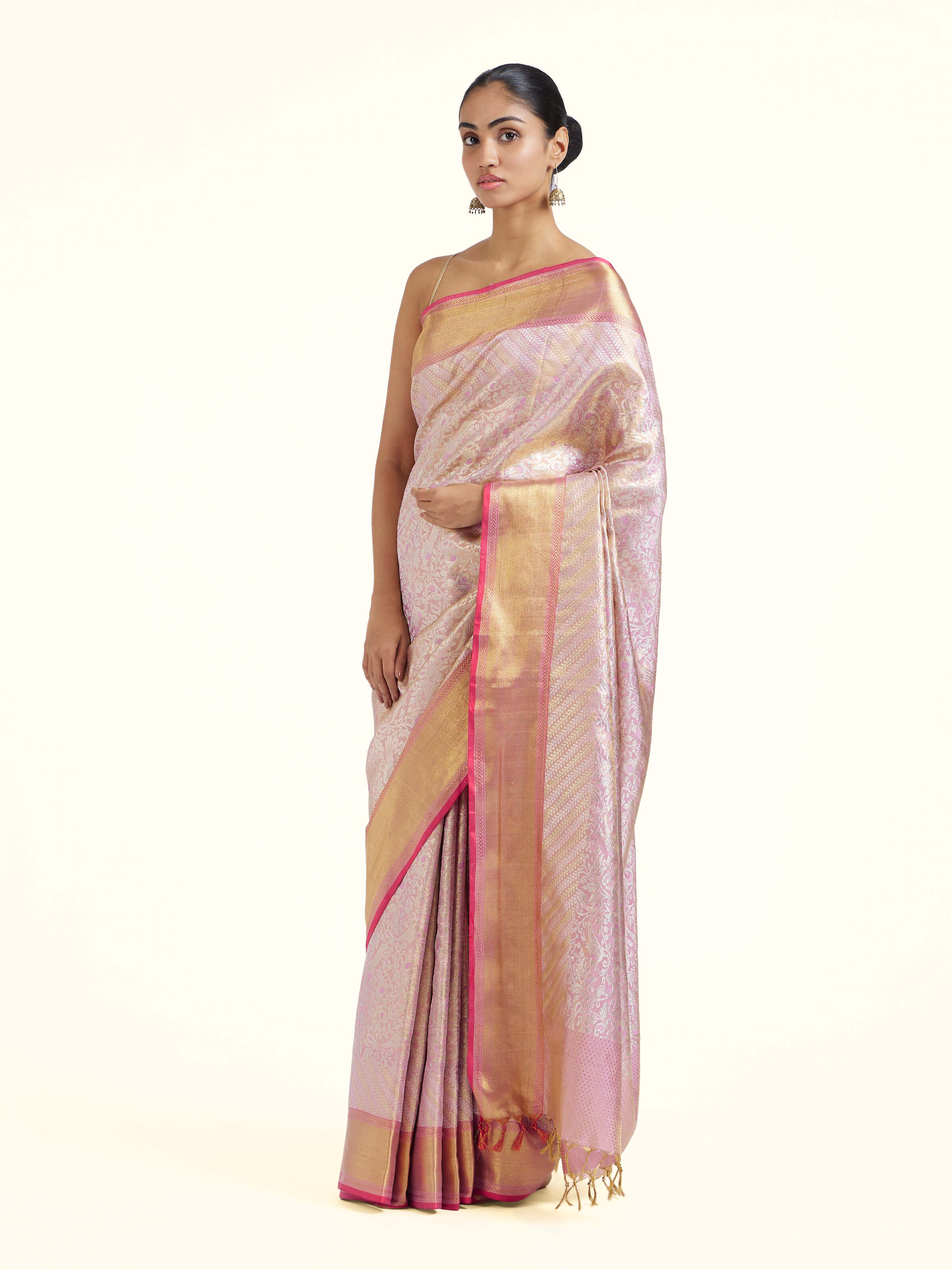 Side view of mauve silk Kancheepuram saree showcasing silk sheen