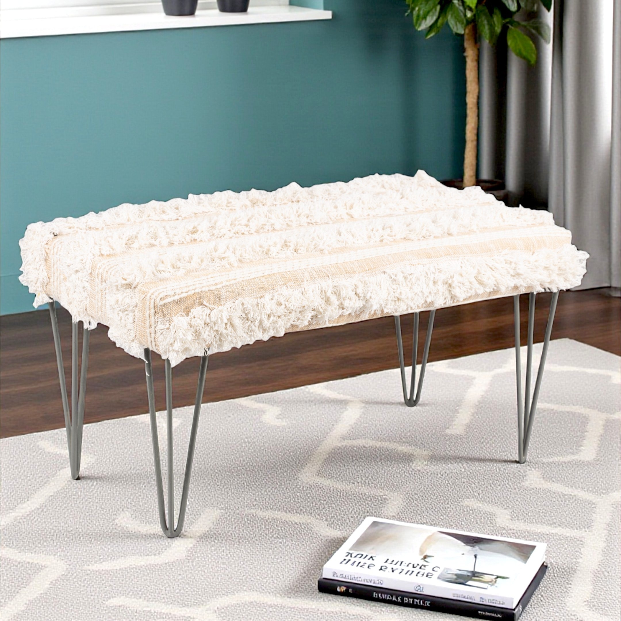 Velas Sheesham Wood Mid Century 2 Seater Bench With Metal Legs In Beige Fabric With Fringes - Ikiriya
