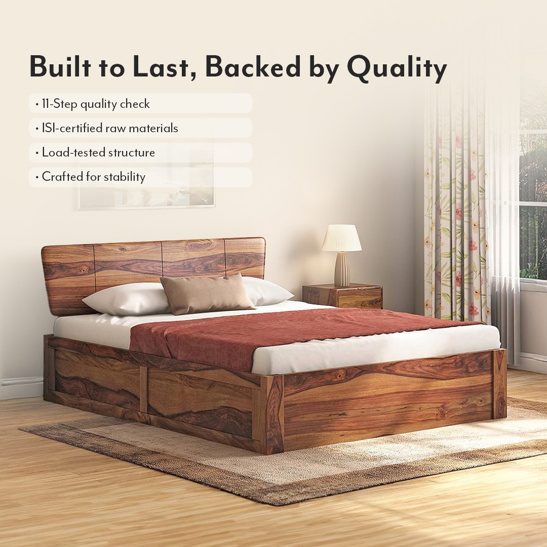 Marieta Solid Wood Queen Size Hydraulic Storage Bed In Teak Finish