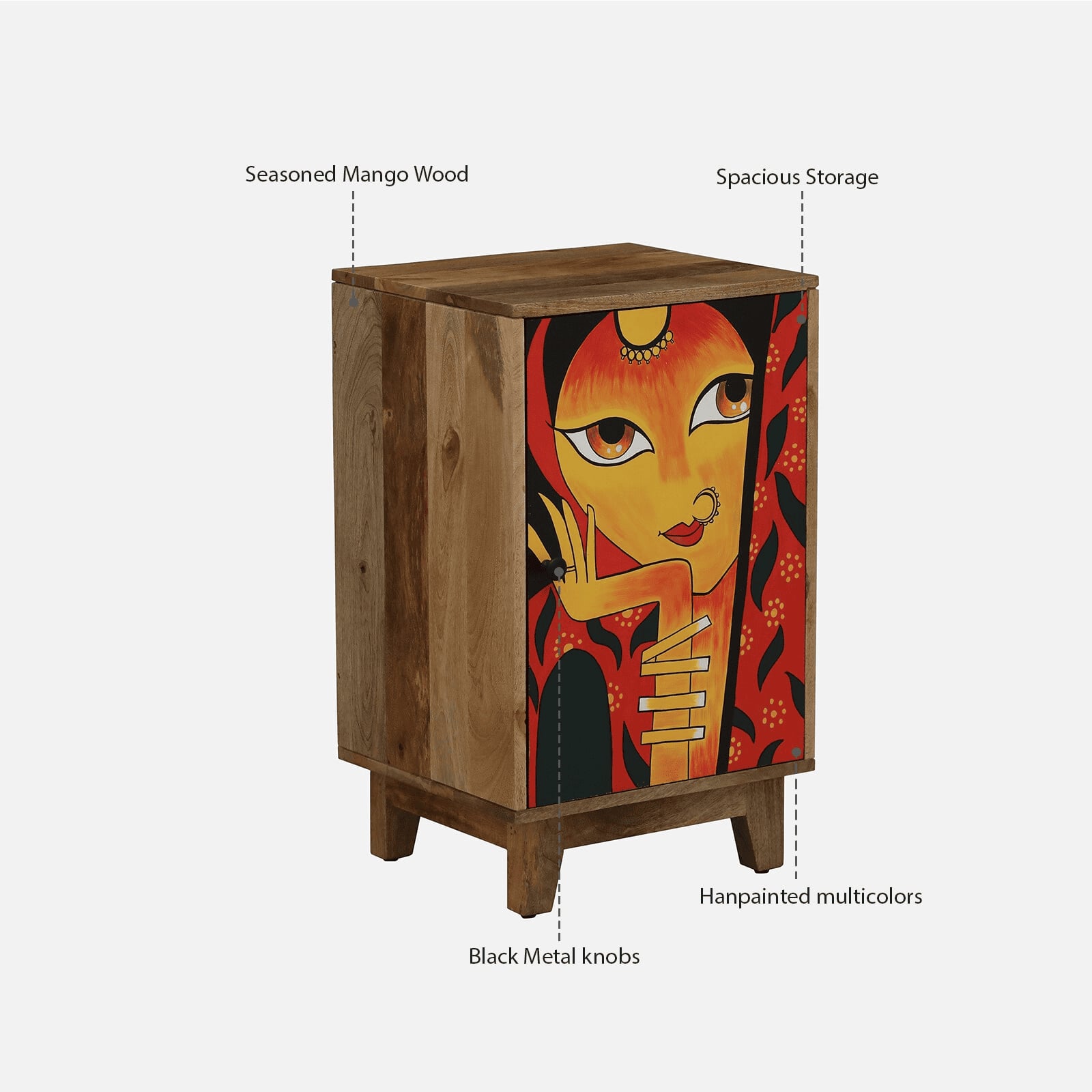 KevinMango Wood Hand Painted Multicolour 1 Door Small Cabinet In Natural Finish