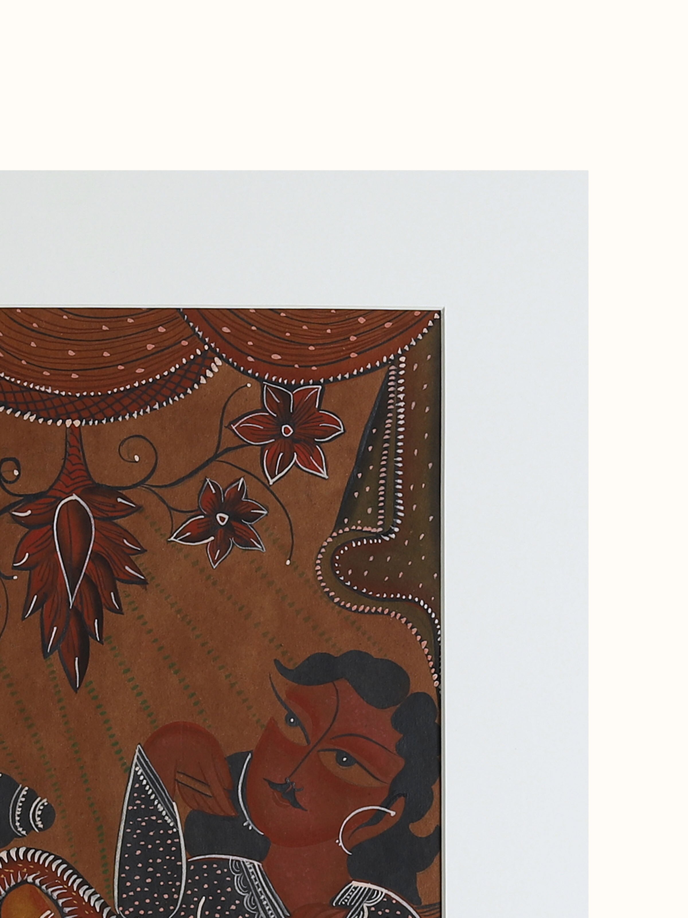 Detail close-up of Babu culture Kalighat painting showing brushwork