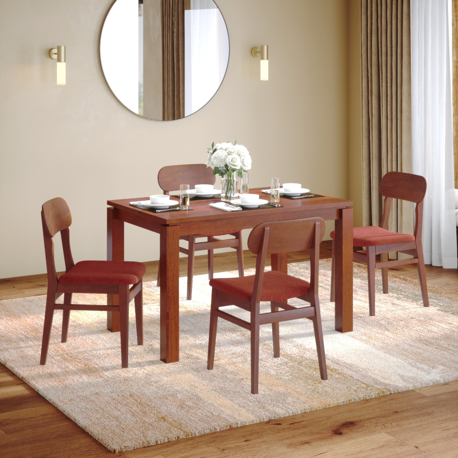 Atlas Solid Wood 4 Seater Dining Table With 4 Lunar Dining Chairs (Finish : Honey, Chair Colour : Dark Coral)
