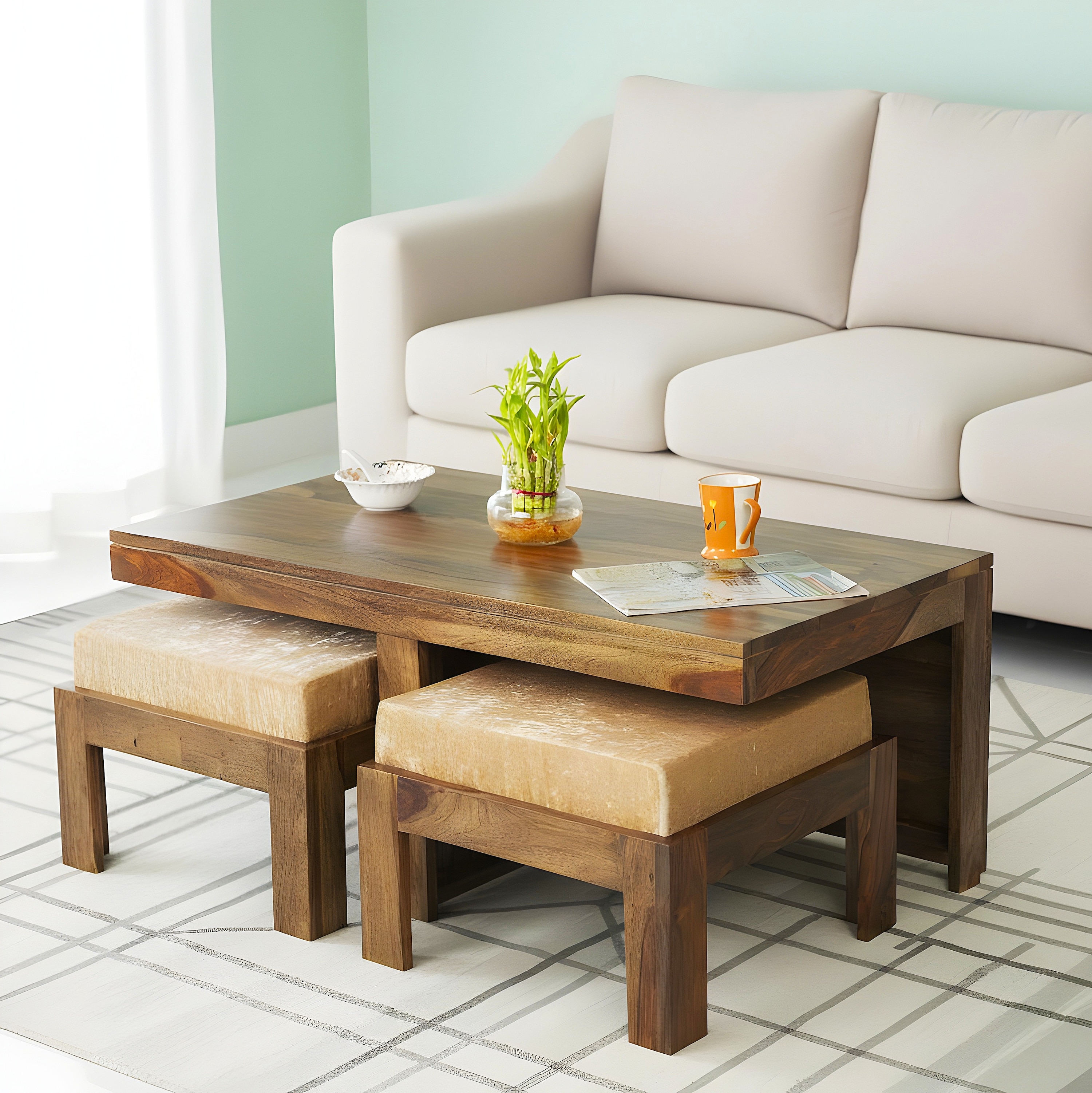 Irish Sheesham Wood 2 Seater Coffee Table Set In Teak Finish