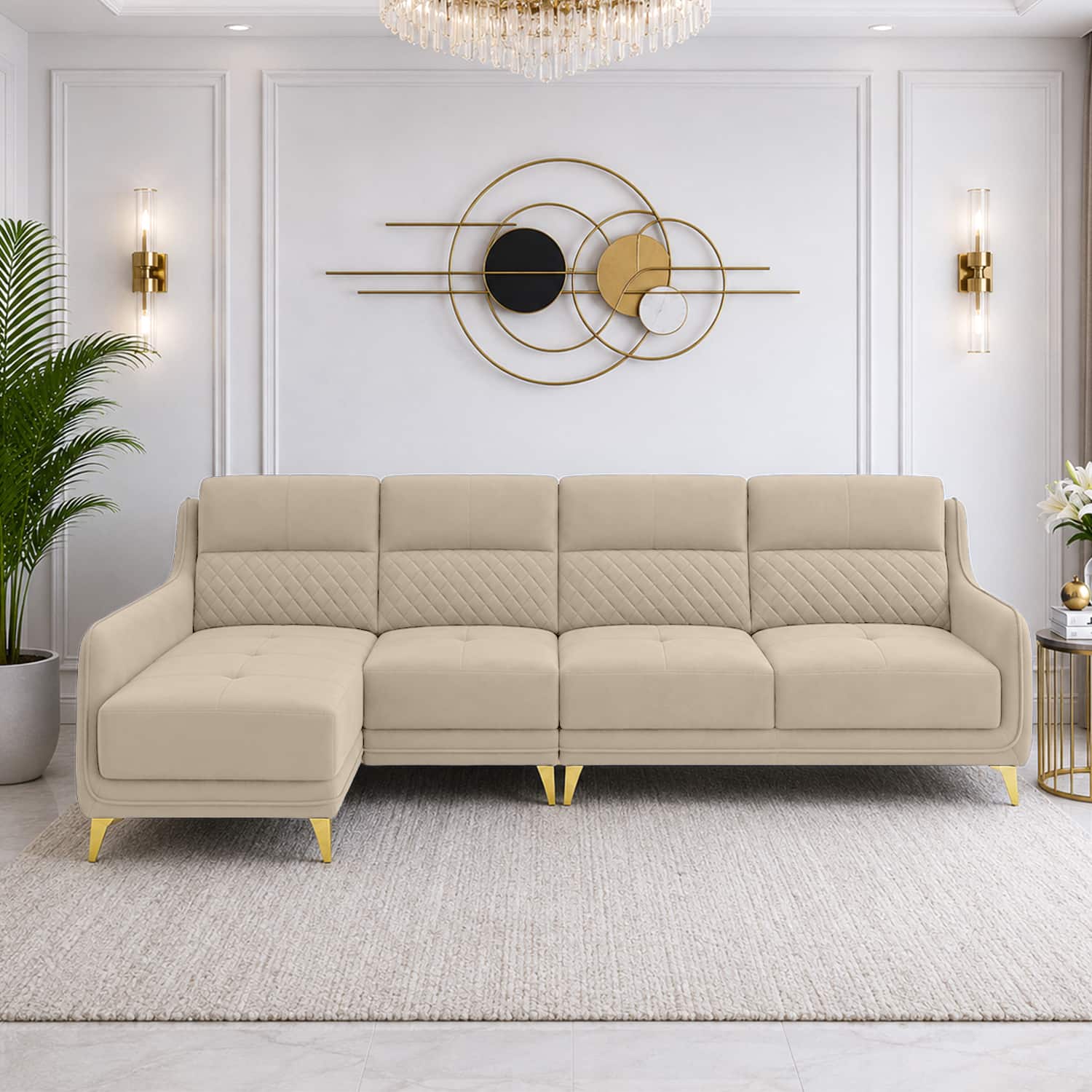 Cinnaro Velvet RHS Sectional Sofa in Cream Color