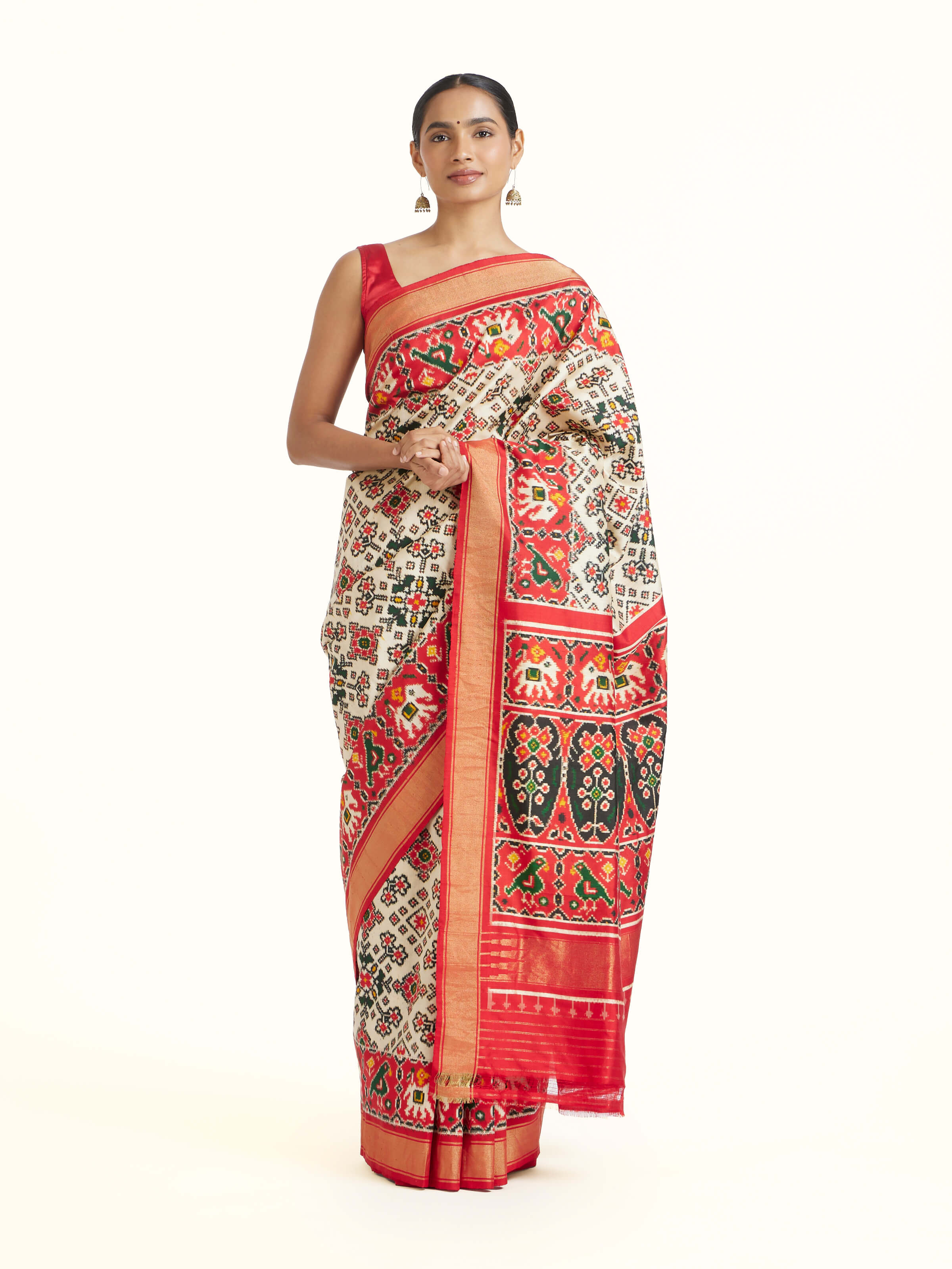 Off‑White Double Ikat Silk Saree