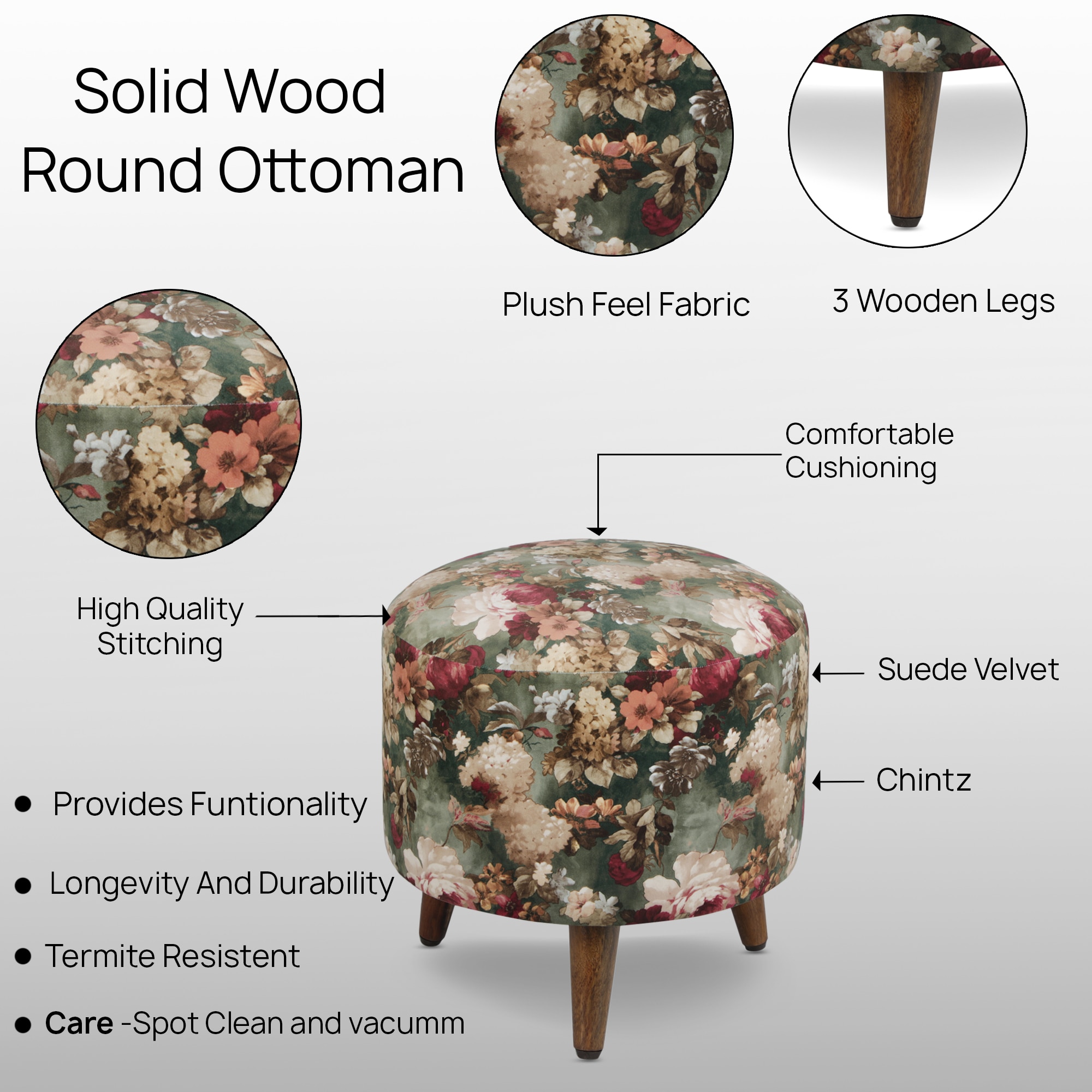 Lavinia Solid Wood  Ottomon in  Gold Colour